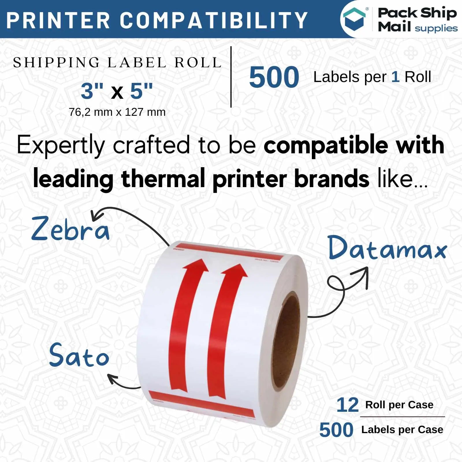 Twelve rolls of 3 by 5-inch ARROW UP specialty labels with a 1-inch core, neatly packaged in a case.