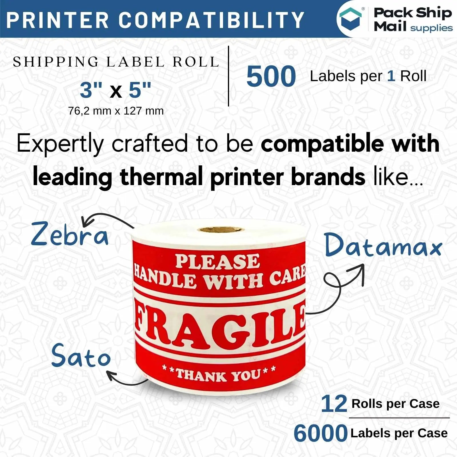 Twelve rolls of 5-inch by 3-inch FRAGILE specialty labels with a 1-inch core size, packaged in a case.