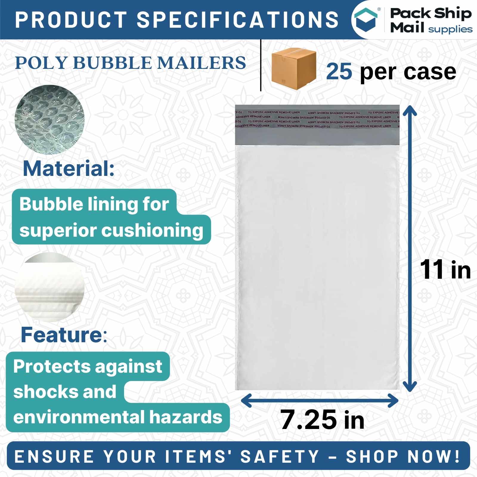 Image of 7.25 x 11-inch #1 Self-Seal White Poly Bubble Mailers. This product comes in a case of 25 mailers.