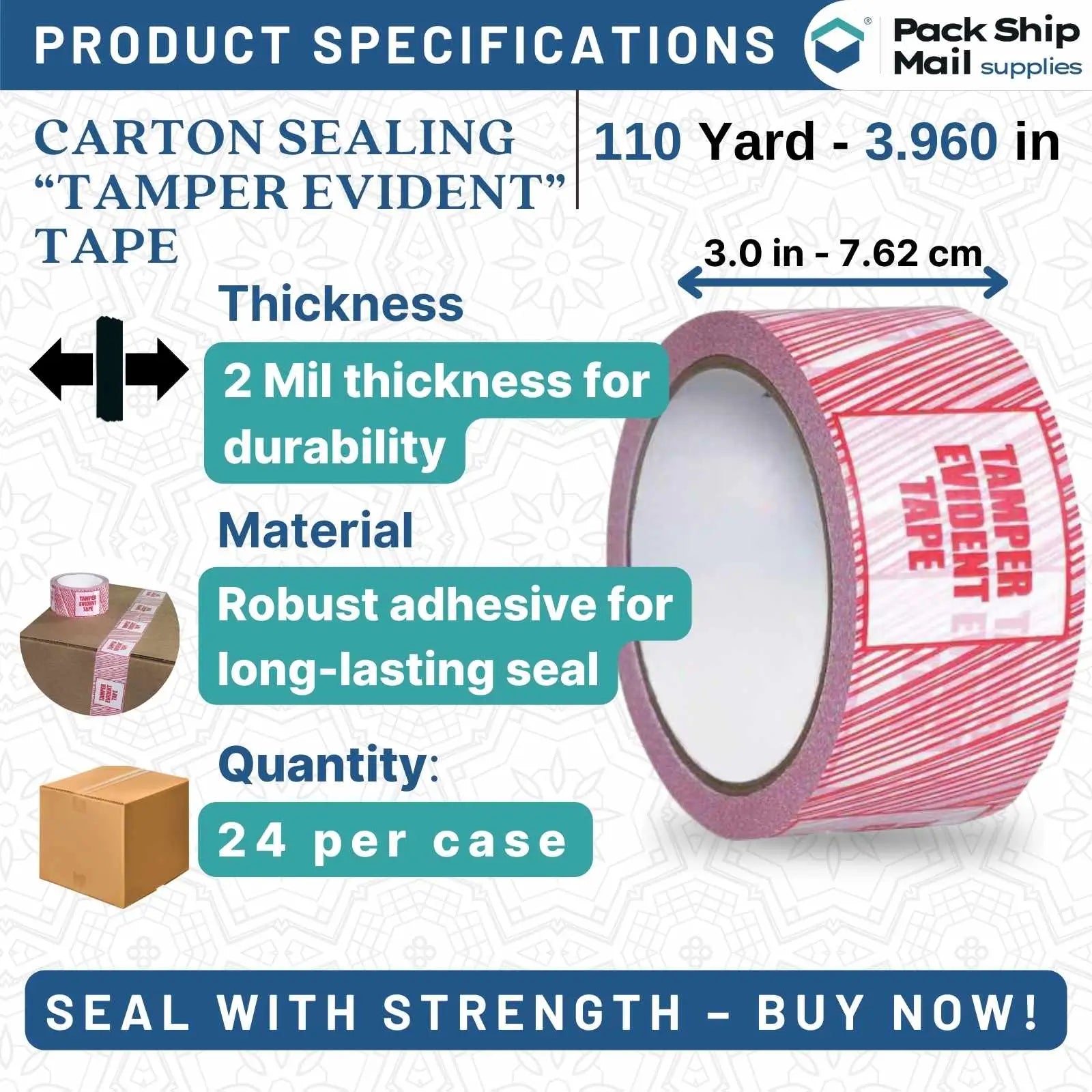 Four rolls of 3 by 110 yards red tamper-evident carton sealing tape with 2 MIL thickness, neatly packaged in a case of 24.
