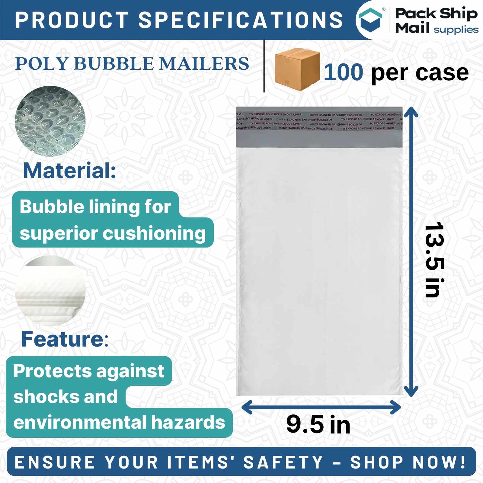 Image showing a case of 9.5 x 13.5 - #4 Self-Seal White Poly Bubble Mailers, containing 100 mailers.