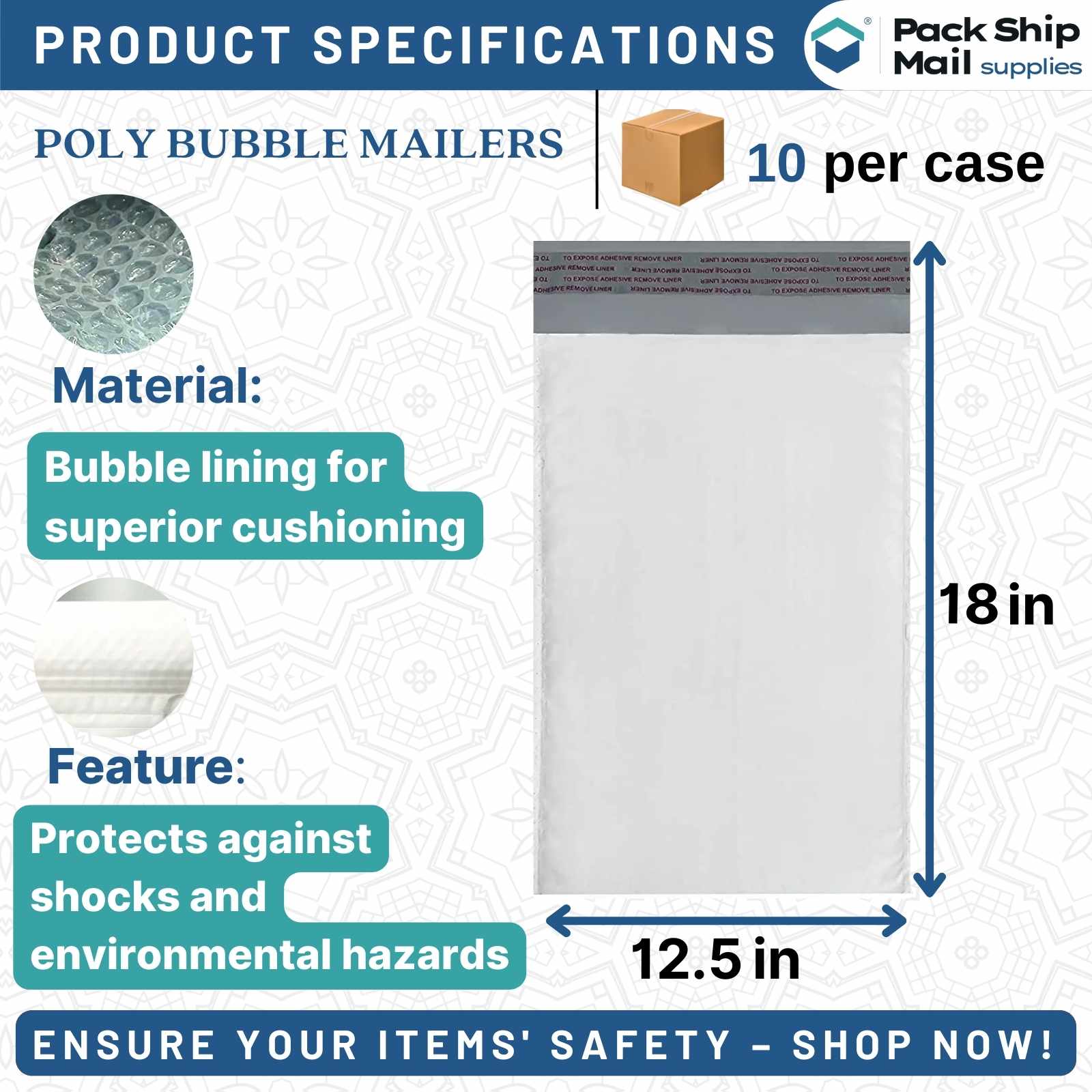 Image of 12.5 x 18-inch #6 Self-Seal White Poly Bubble Mailers, 10 Per Case