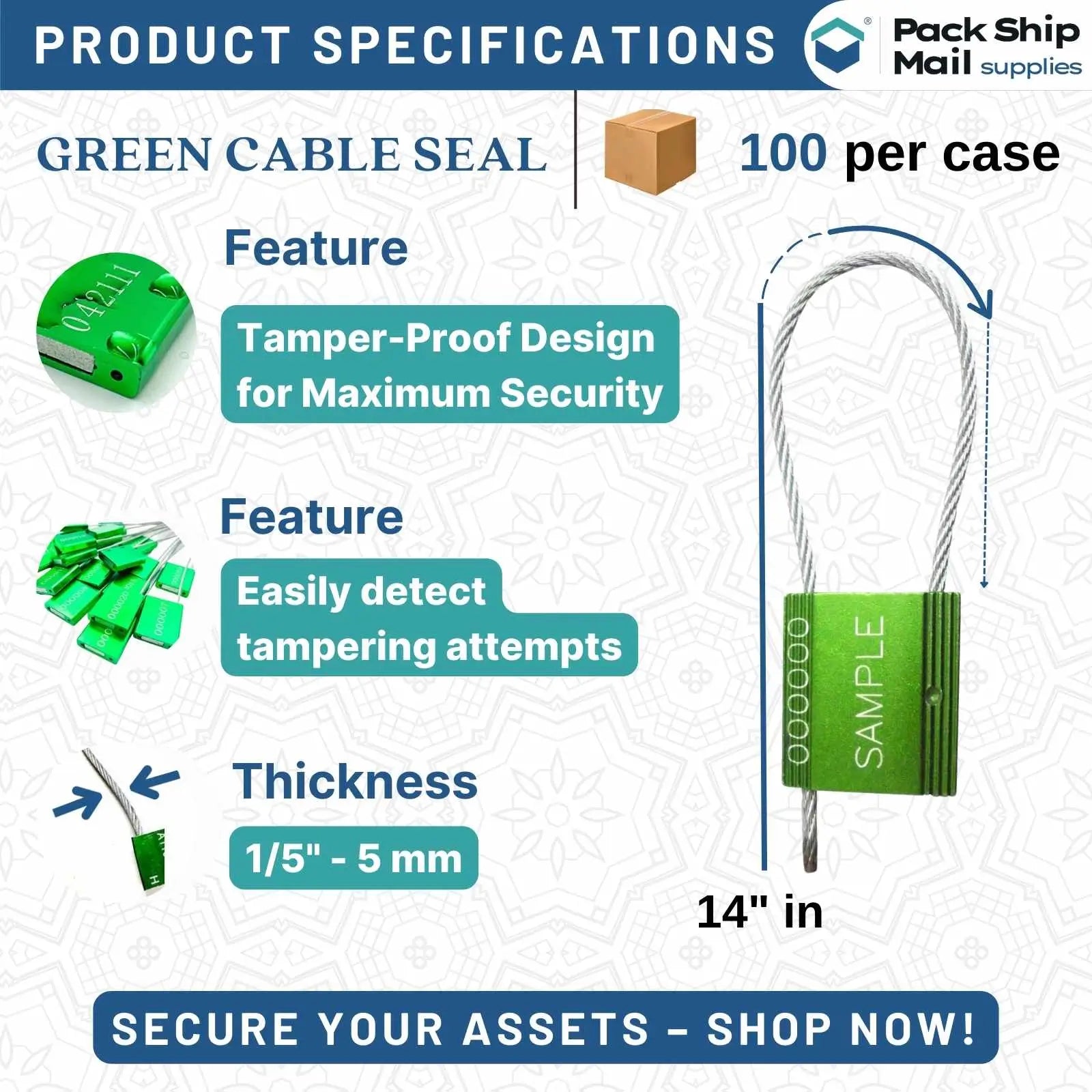 One hundred 14-inch green cable seals with a 5 MM thickness, neatly arranged in a case.