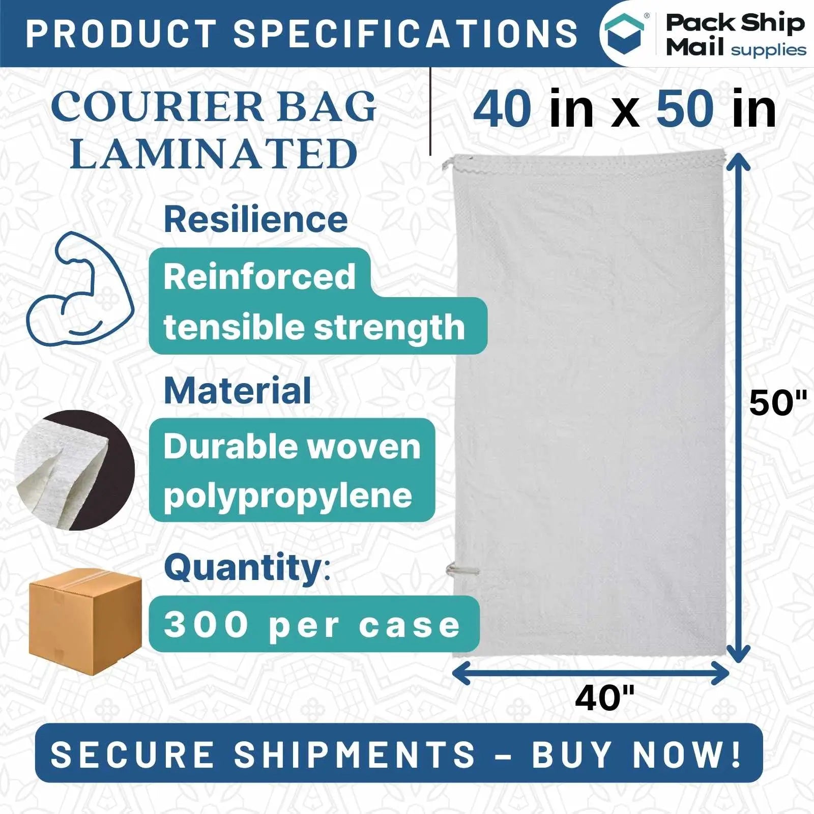 Bundle of 300 white courier bags, each measuring 40 x 50 inches.