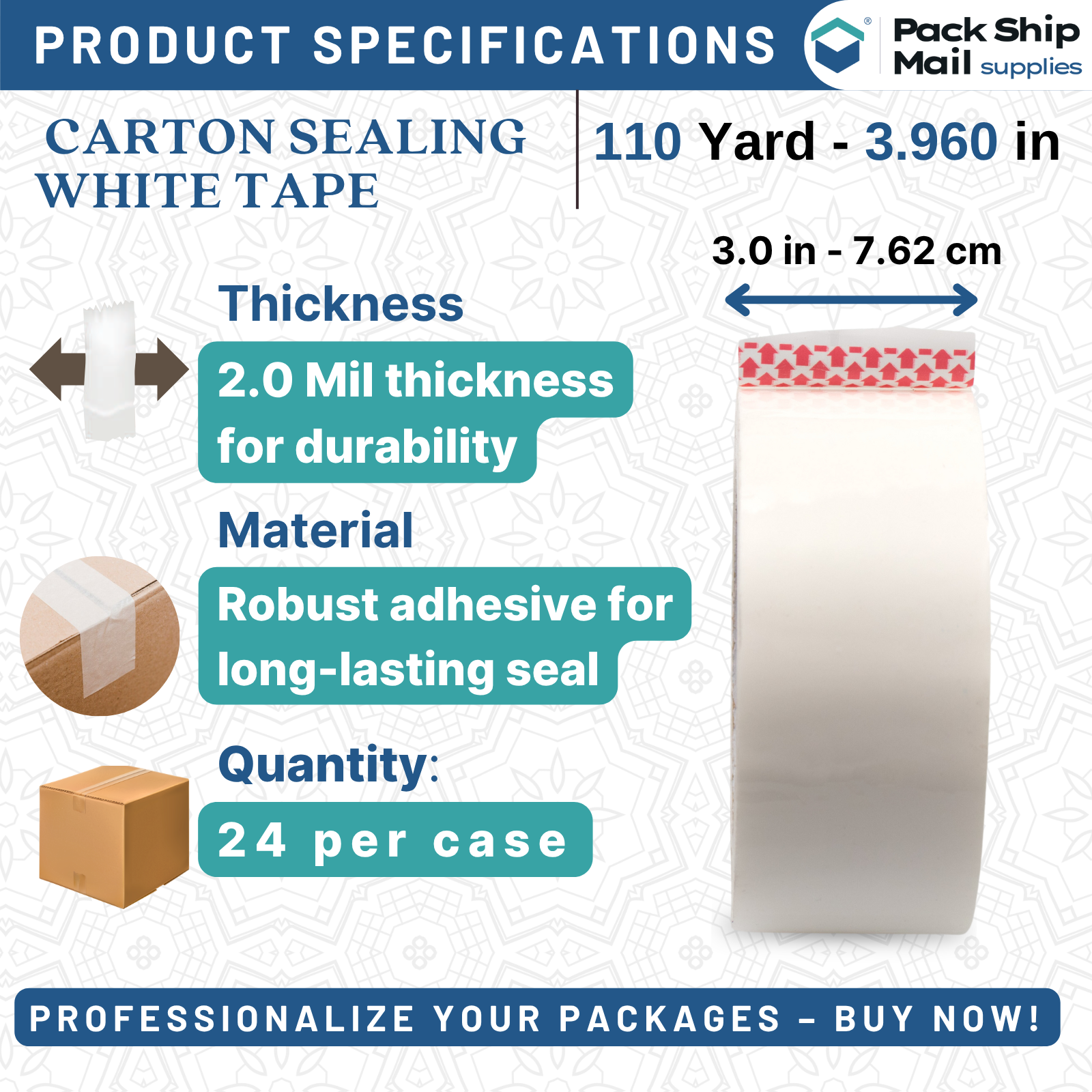 3" x 110 Yards Carton Sealing Packing Tape 2 MIL White 24 Rolls per Case