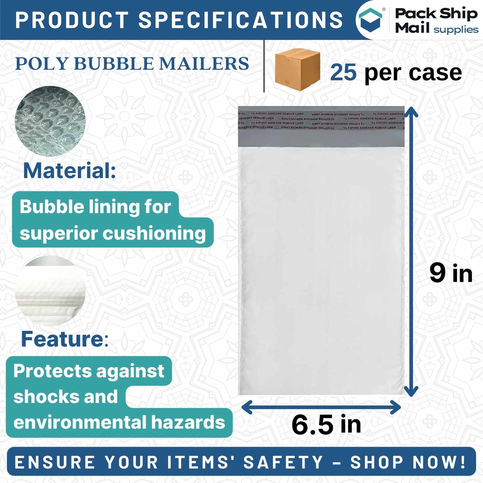 Image: #0 Self-Seal White Poly Bubble Mailers, 6.5 x 9 inches, 25 Per Case.