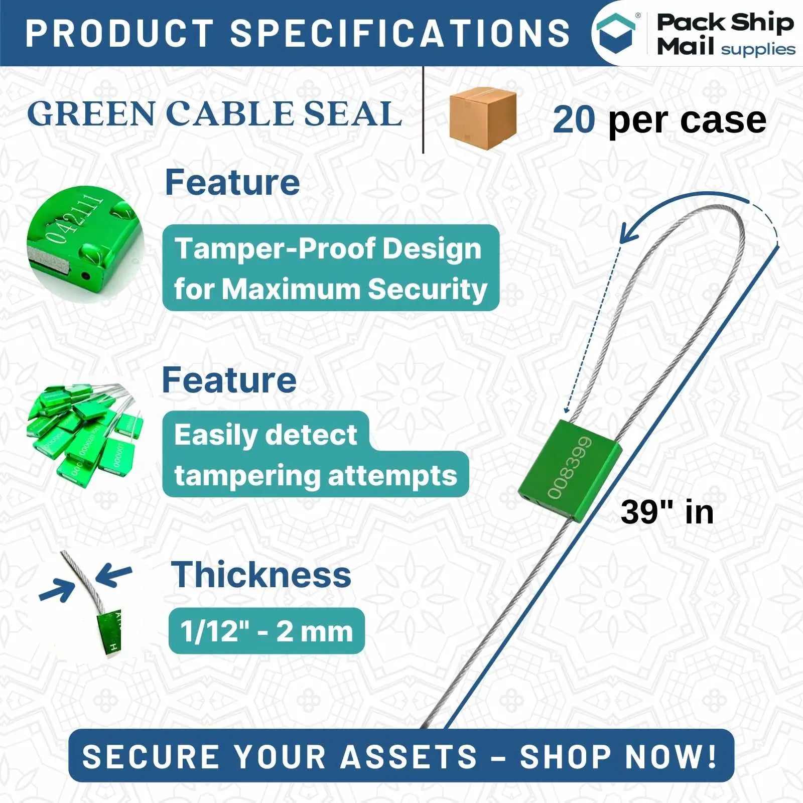 Twenty green cable seals, each 39 inches long and 2 mm thick, neatly packaged in a case.