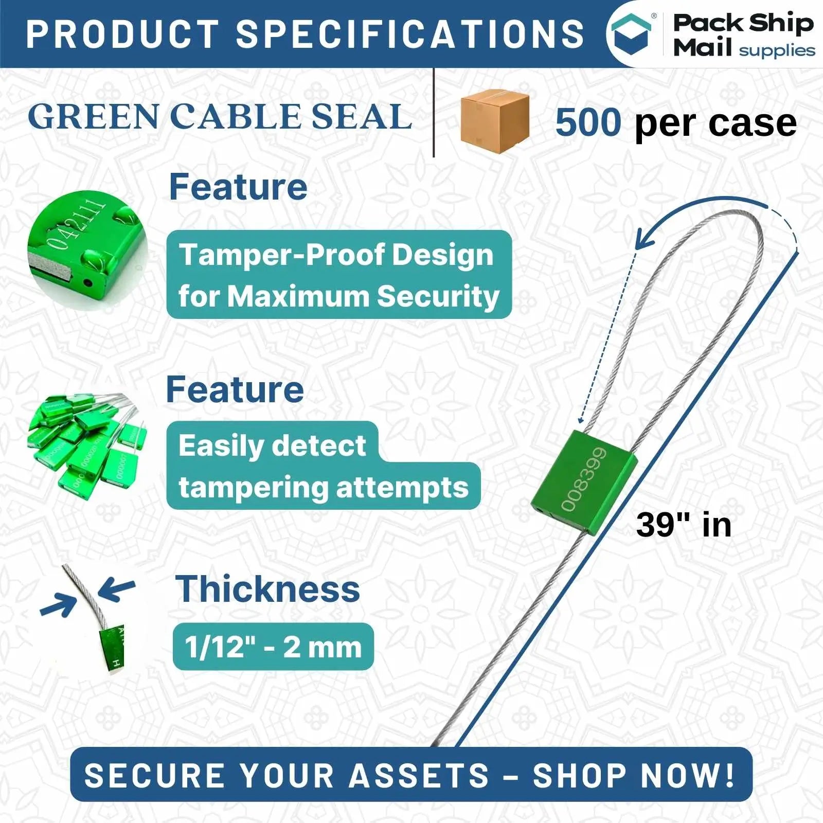 A case of 500 green cable seals, each measuring 39 inches in length and 2 MM in diameter, neatly packaged and ready for use.