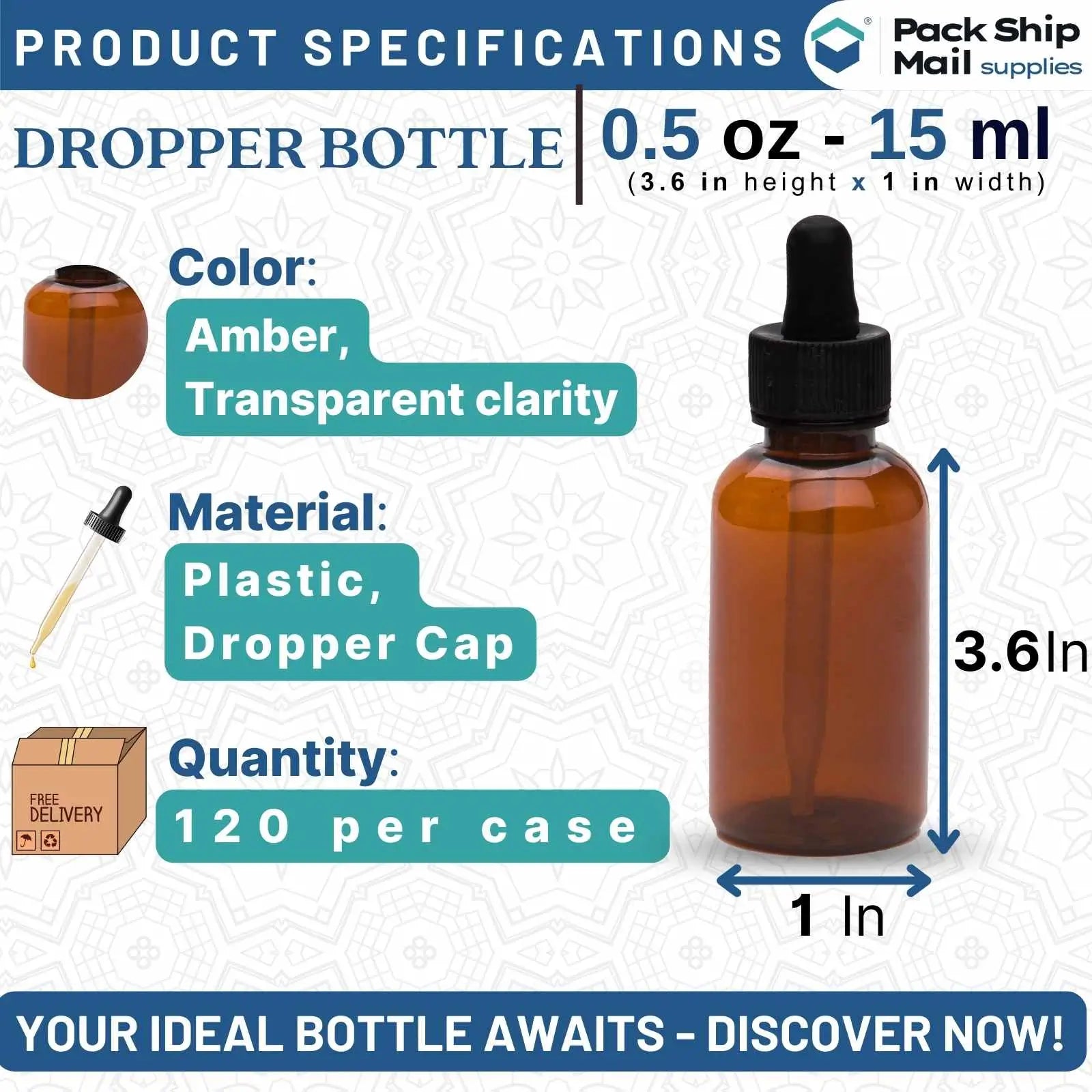 120 amber dropper bottles, 0.5 oz each, neatly packaged in a case.