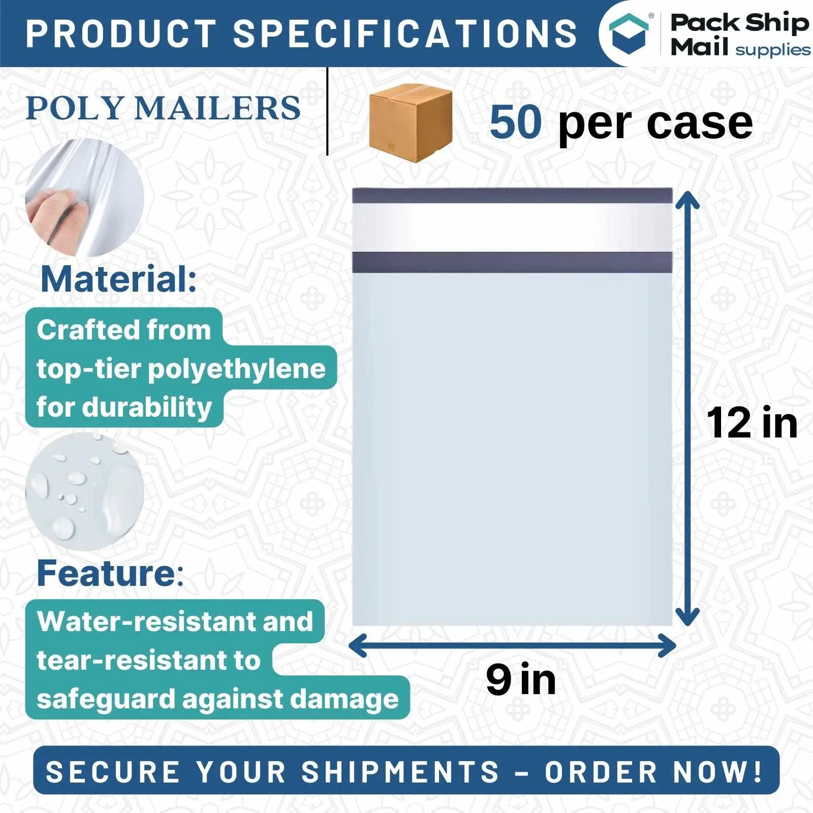 Fifty 9" x 12" poly mailers efficiently packed in a case, showcasing their robust and protective design for shipping larger items securely.