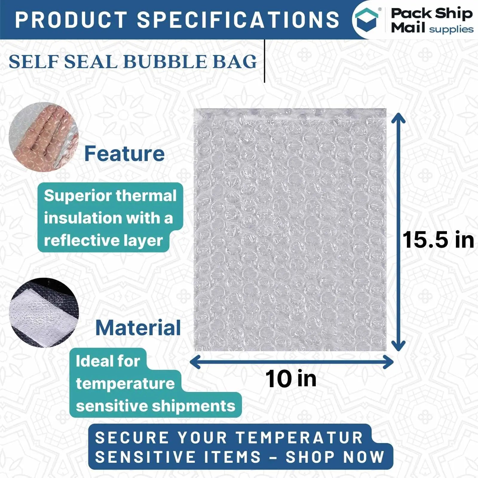 250 self-seal bubble bags, measuring 10 x 15.5 inches, neatly packed in a case.