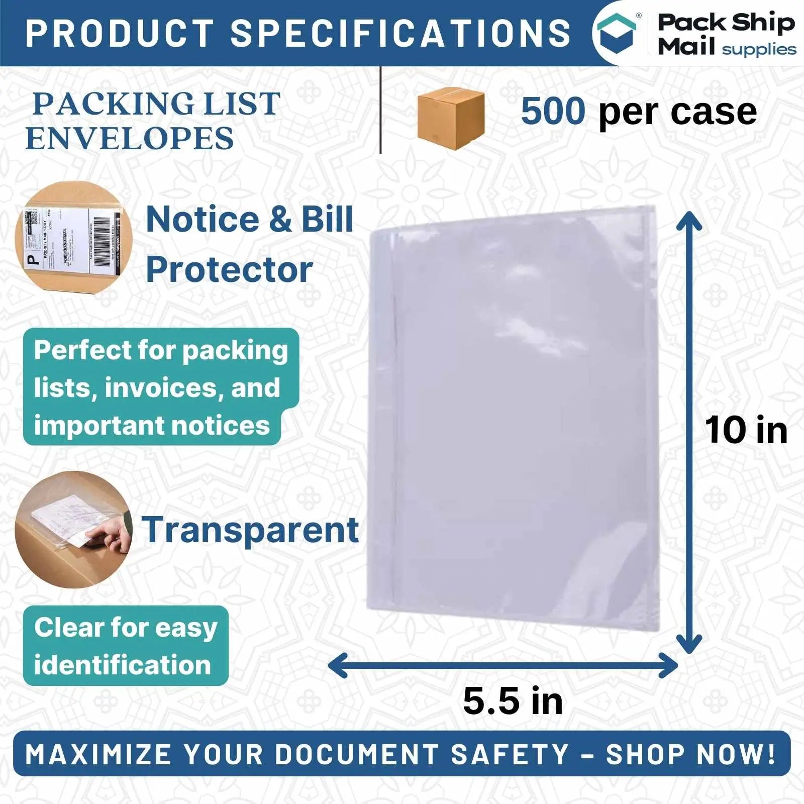 A bulk case of 500, 5.5" x 10" Clear Packing List Envelopes, emphasizing their transparency and self-adhesive quality for straightforward document management and shipping.