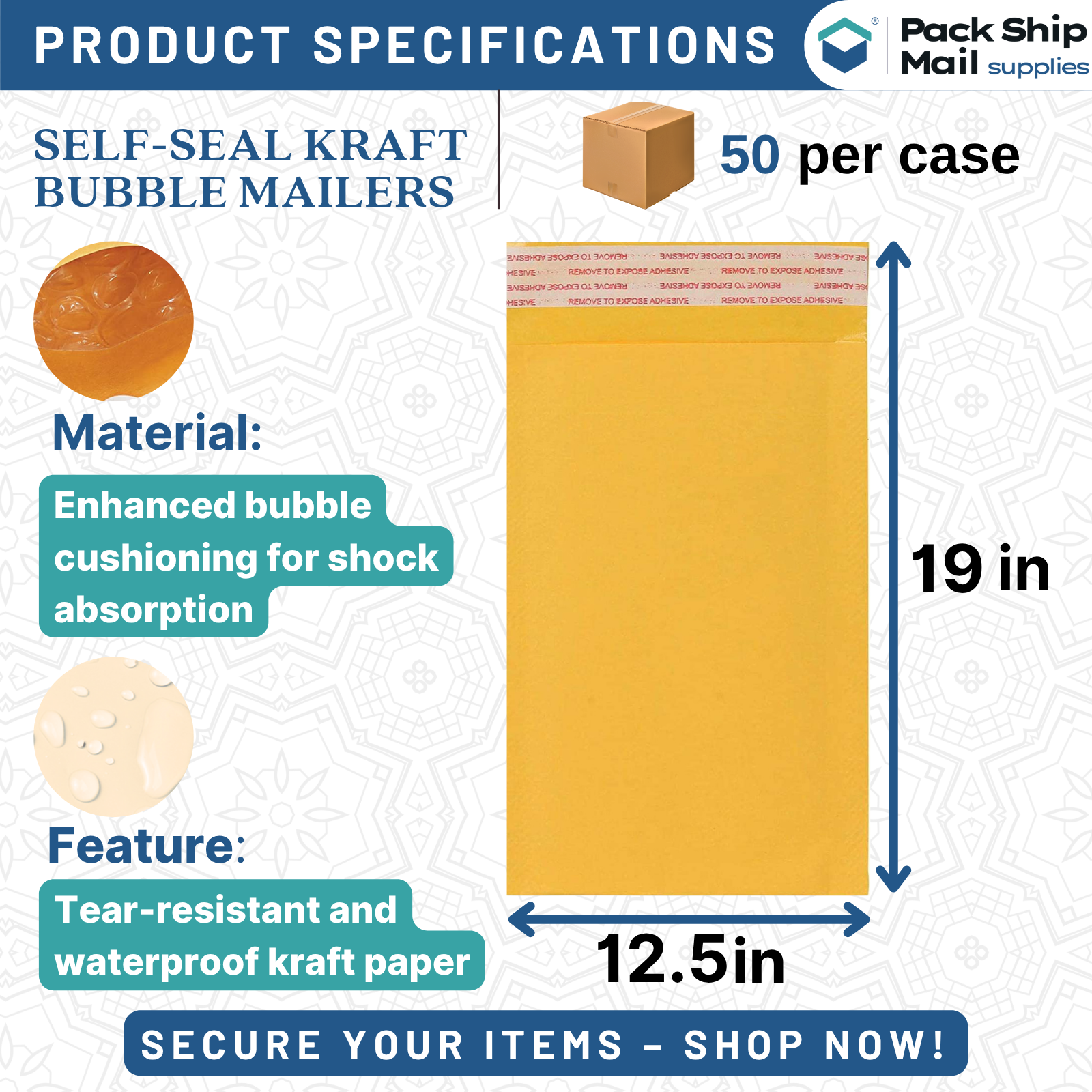 50 self-seal Kraft bubble mailers, size 12.5" x 19", in case. Ideal for secure shipping and protection.