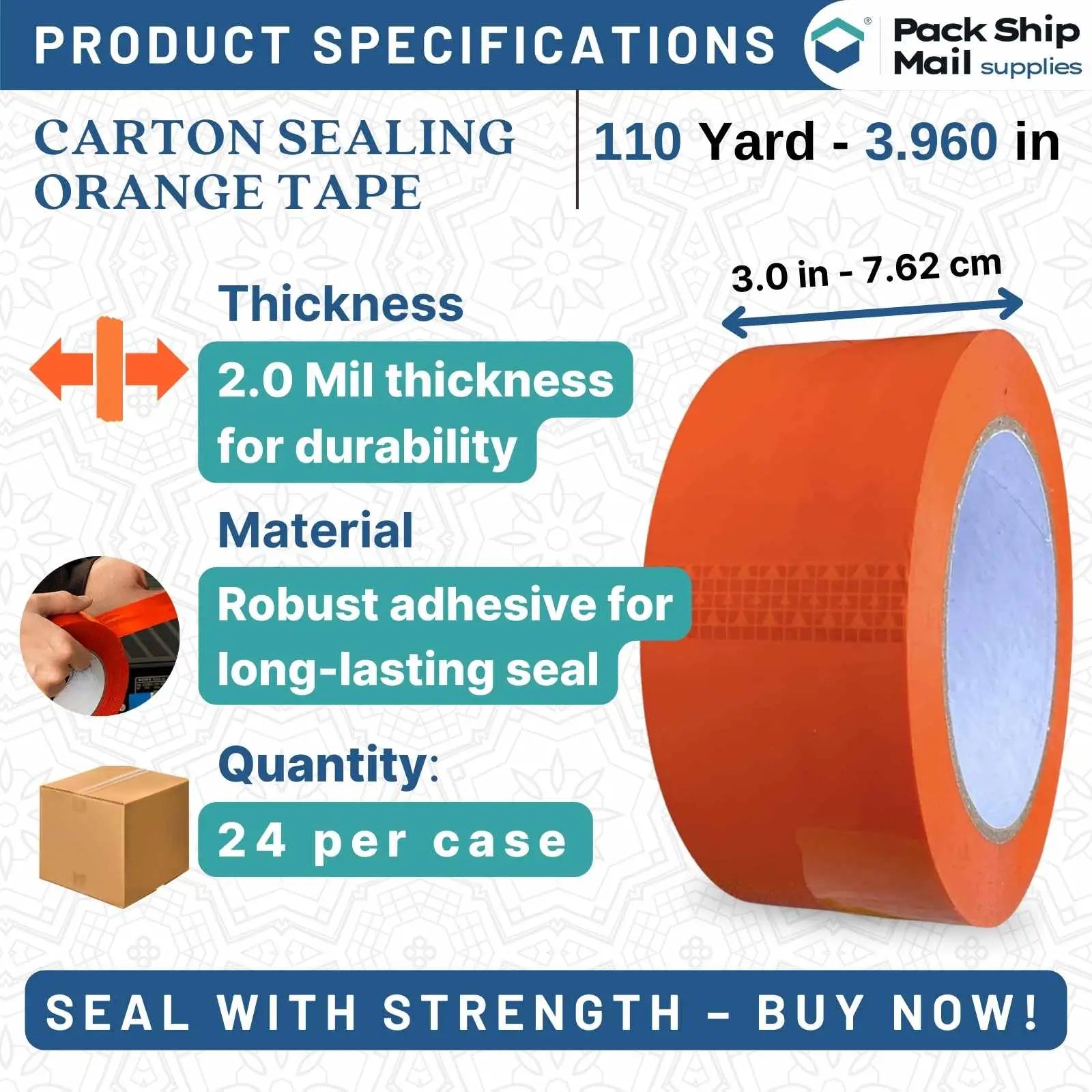 Image showing a case of 24 rolls of 3-inch by 110-yard 2 MIL orange carton sealing packing tape.