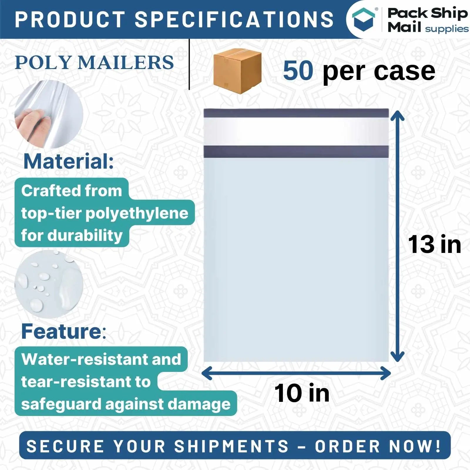Fifty 10" x 13" poly mailers efficiently packaged in a case, highlighting their capacity for securely shipping larger items with a sleek and protective design.