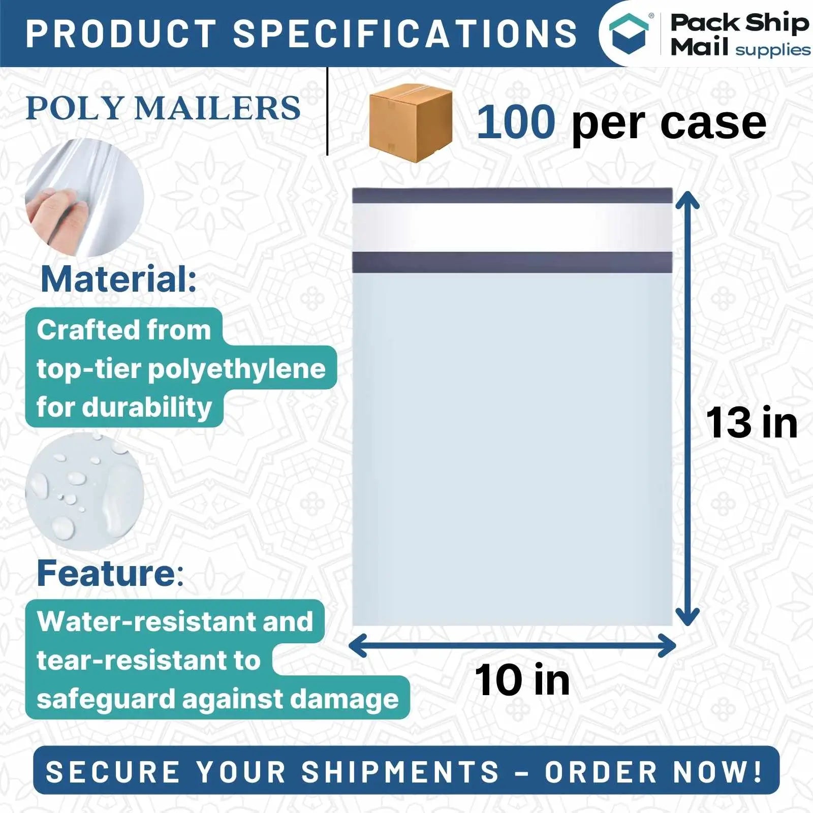 Image of a case containing 100 Poly Mailers, each measuring 10 inches by 13 inches.