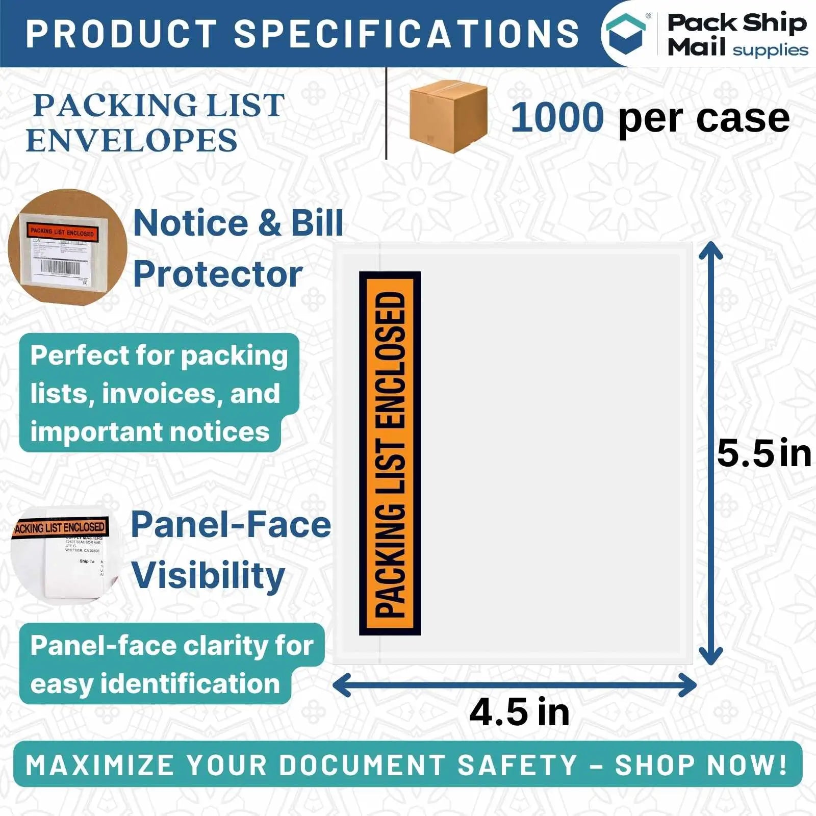 Case of 4.5 x 5.5 Packing List Envelopes with Panel Face, containing 1000 envelopes.