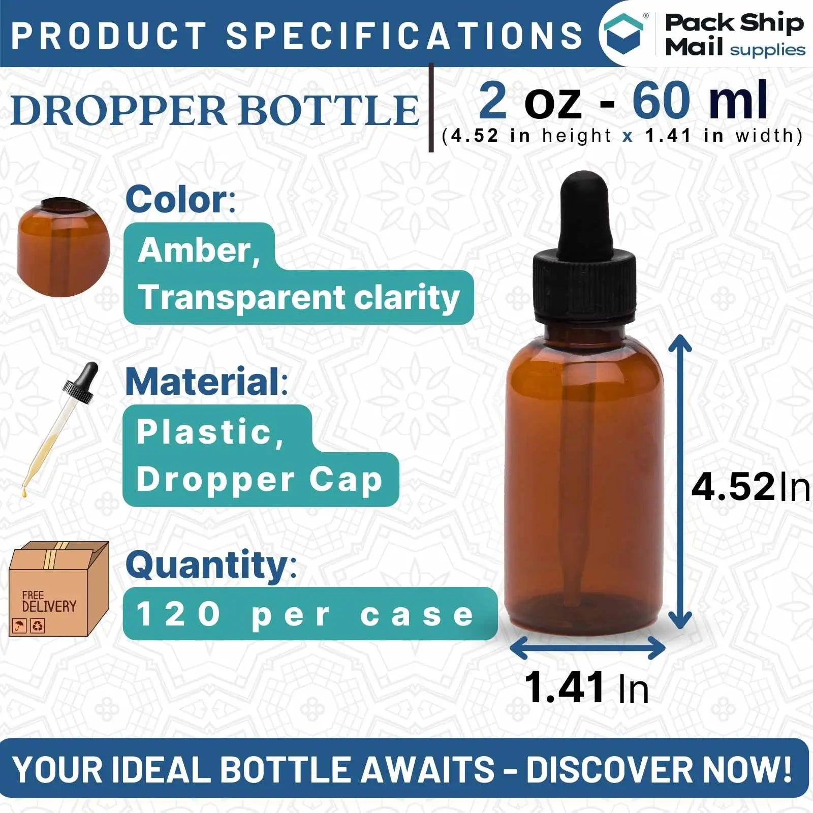 120 amber dropper bottles, each containing 2 ounces of liquid, neatly packed in a case.