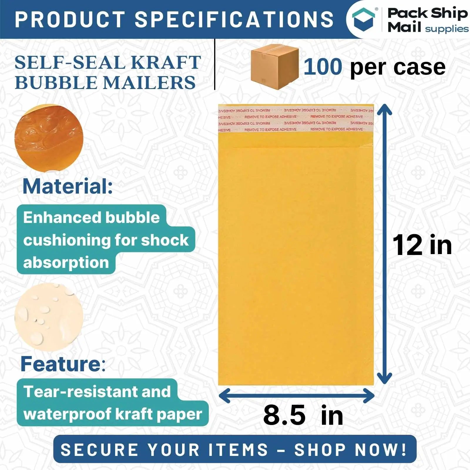 100 self-seal Kraft bubble mailers, size 8.5" x 12", in case. Ideal for secure shipping and protection.