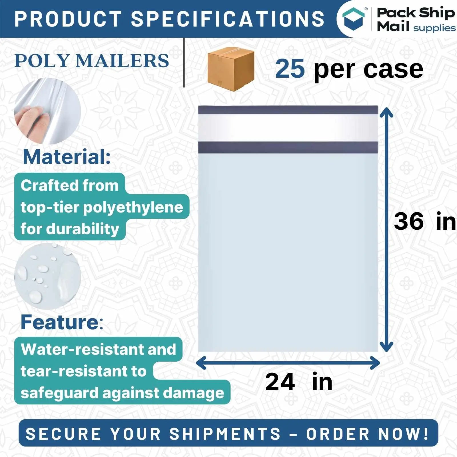 Get your shipping organized with our 24 x 36" Poly Mailers. Each case contains 25 mailers, perfectly sized for large items. Efficiently packaged in four rolls, these mailers are ready to streamline your shipping process.