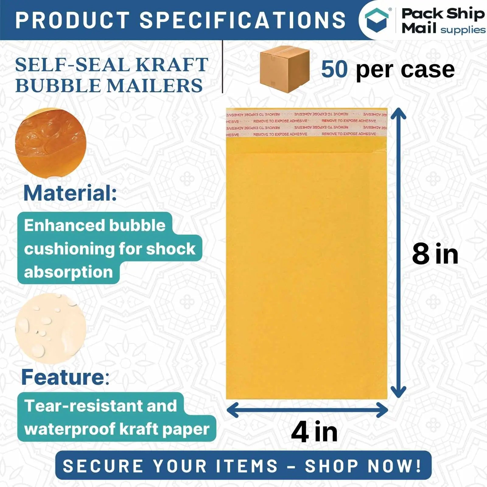 Image: 4 x 8 Self-Seal Kraft Bubble Mailers - 50 Per Case (#000).
