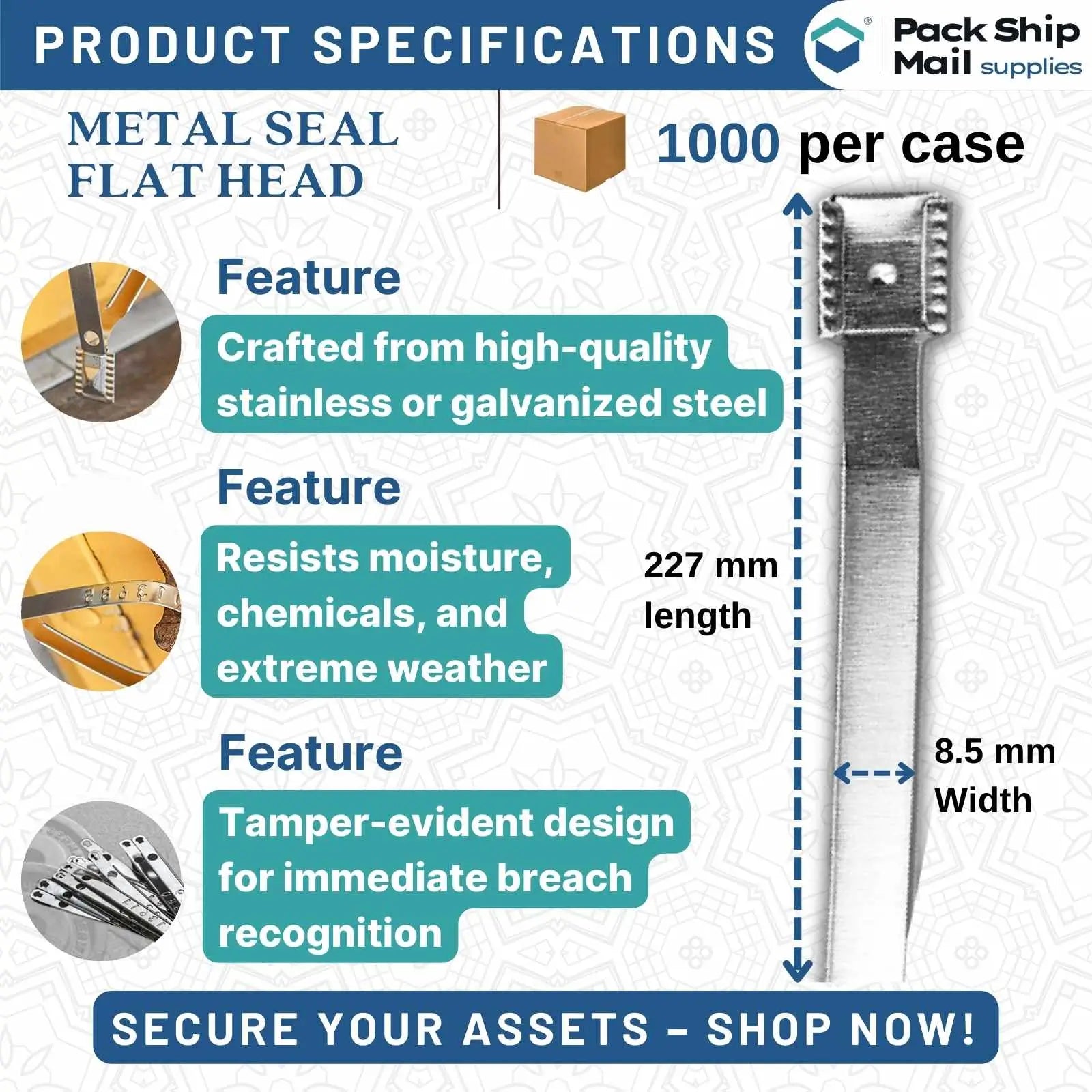 Image of Metal Seal Flat Head, 227mm length, packaged in a case of 1000 units.