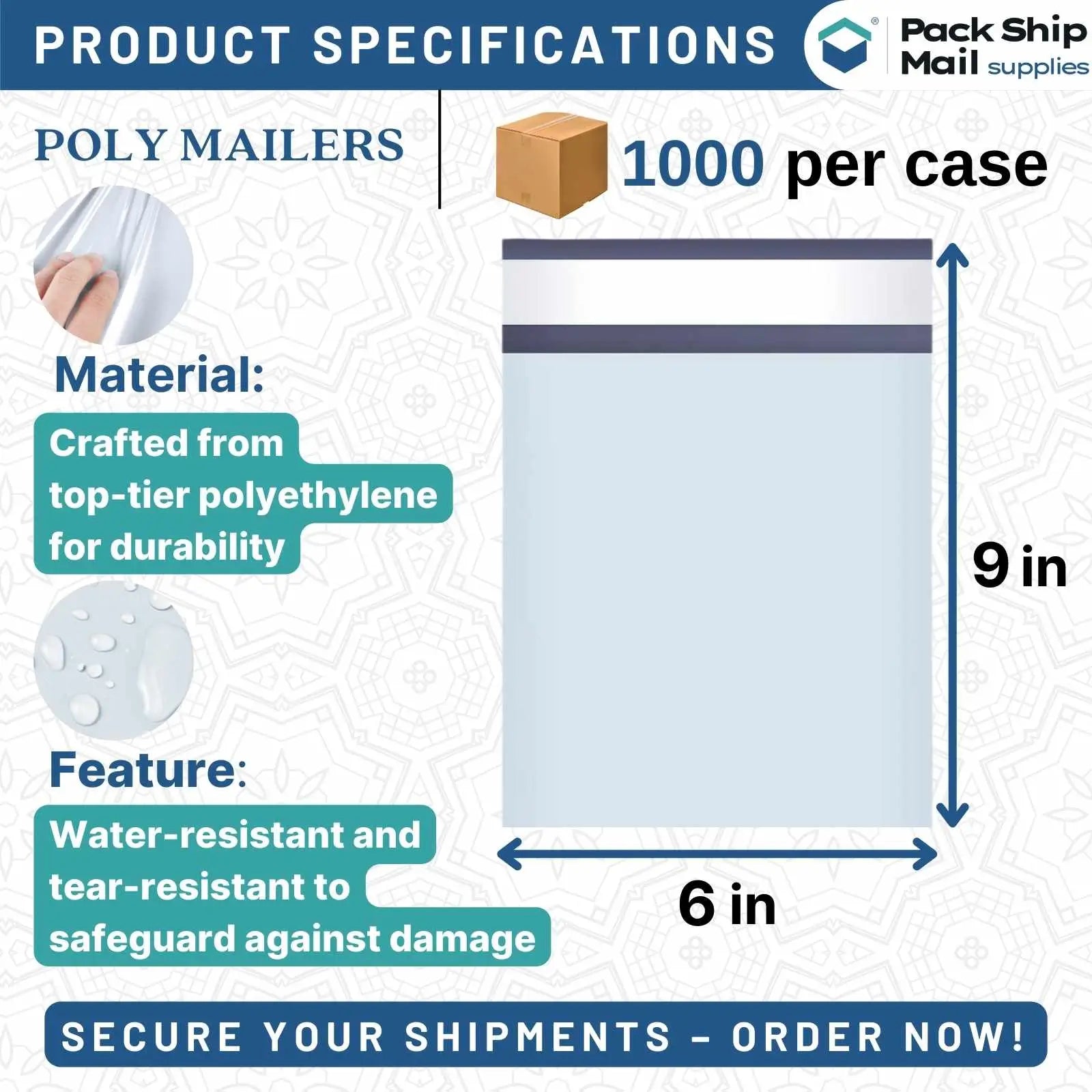 Case of 6" x 9" Poly Mailers - 1000 mailers for secure packaging and shipping.