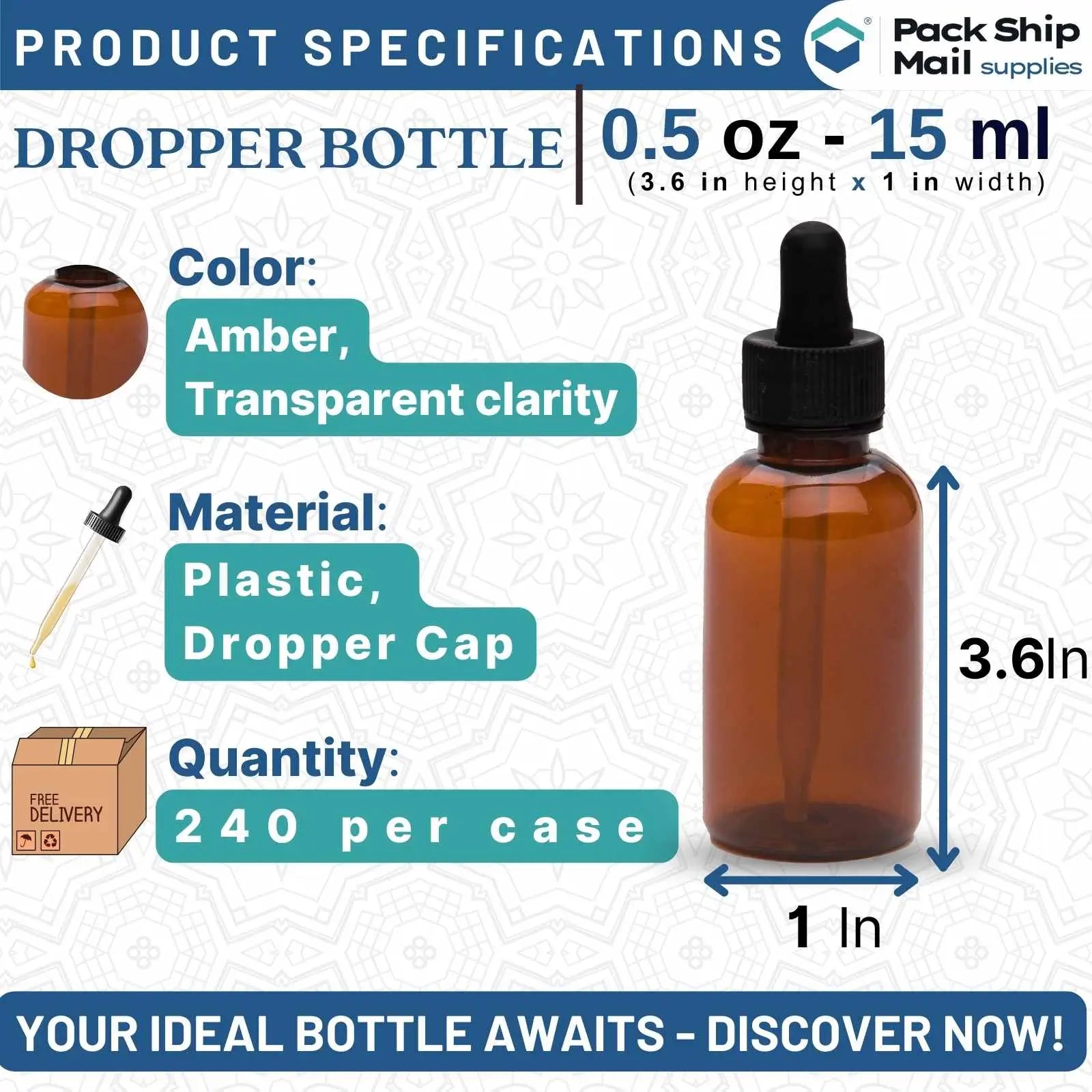 The image showcases a case containing 240 amber dropper bottles, each with a capacity of 0.5 oz.