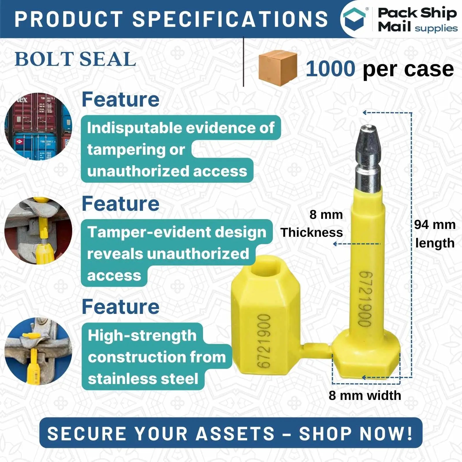 Image of 1000 high-security bolt seals, each measuring 94 MM (height), packaged in a case.