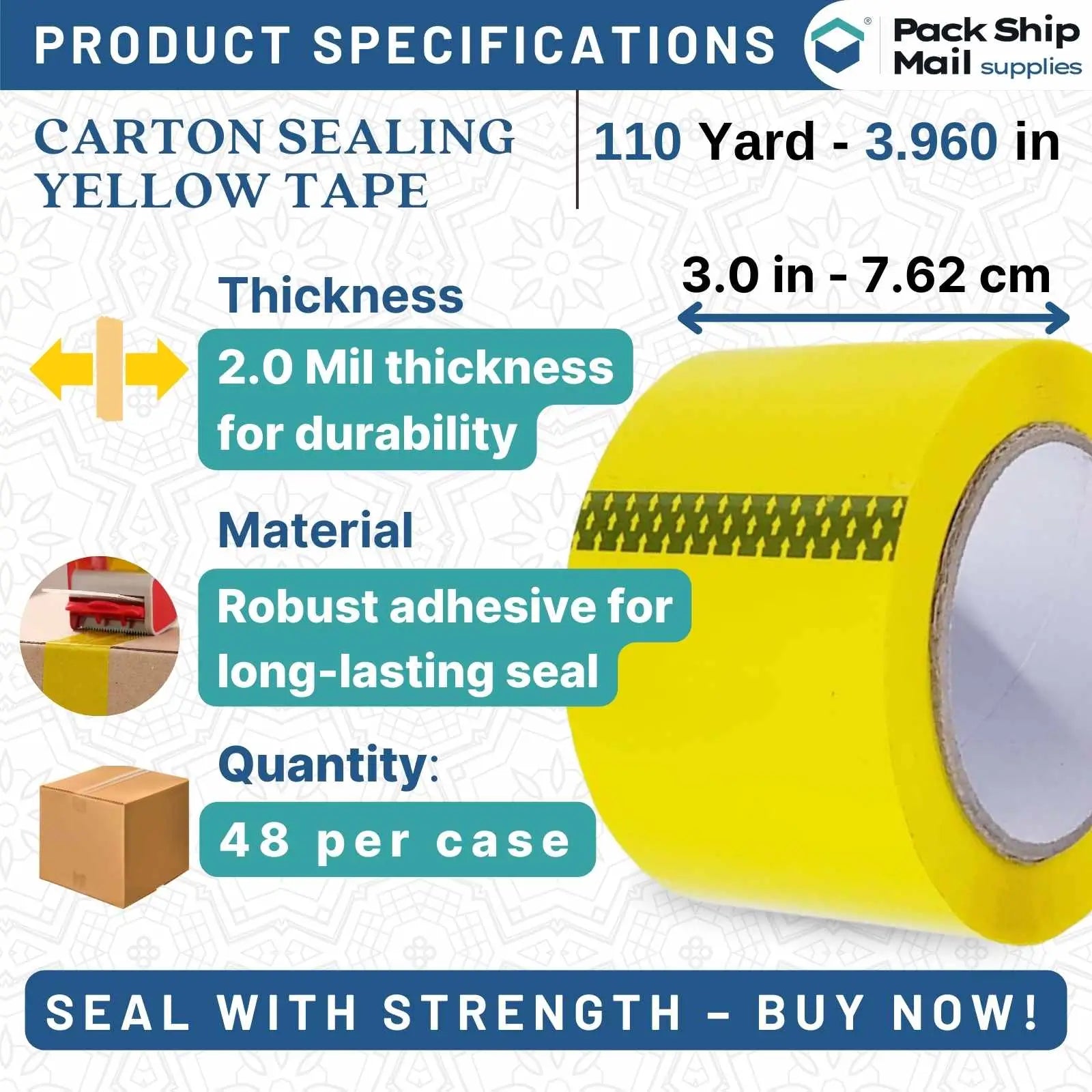 Image showing a case of 48 rolls of 3-inch by 110-yard 2 MIL yellow carton sealing packing tape.