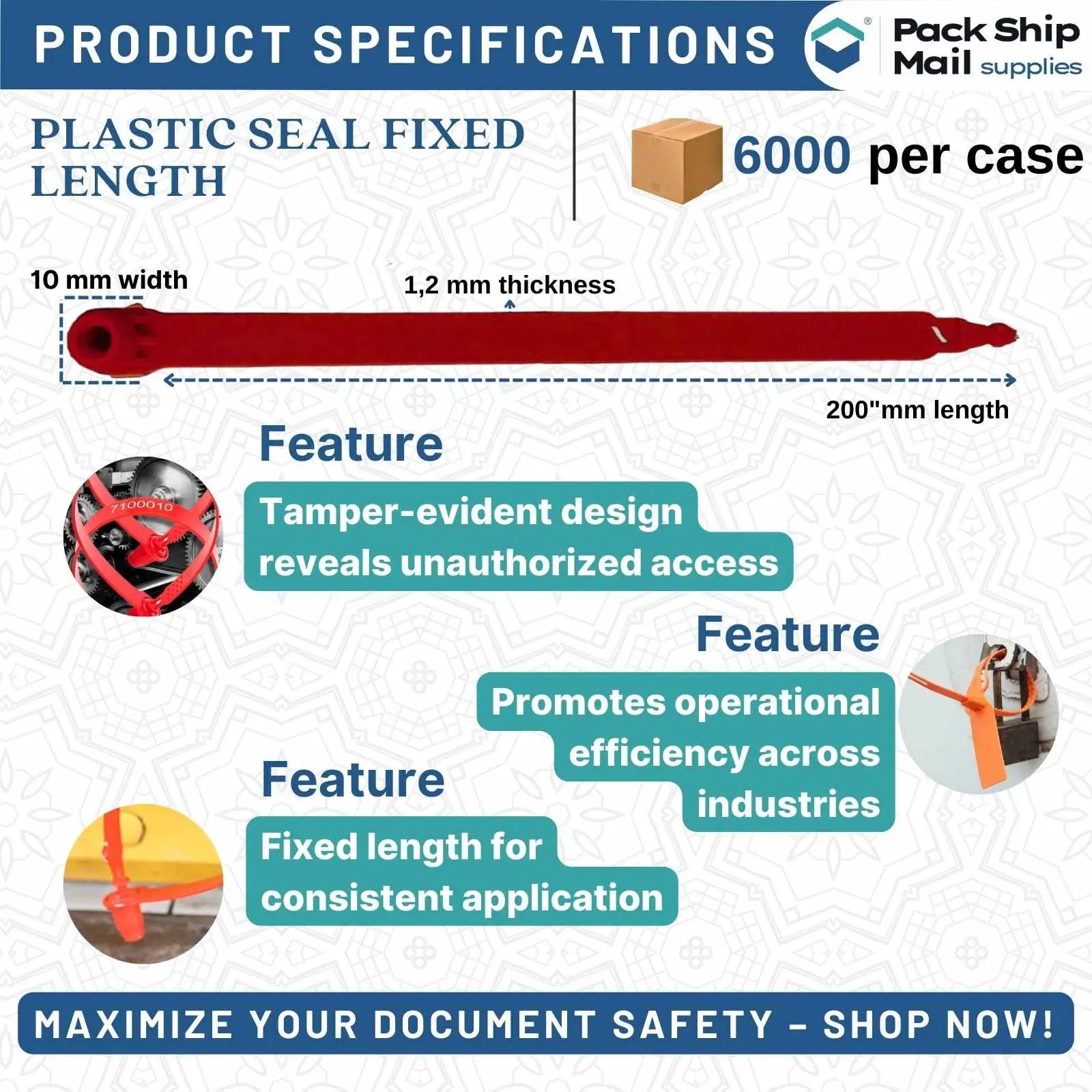 Crate of "Plastic Seal Fixed Length 200 MM 6000 Per Case," featuring sturdy, tamper-evident plastic seals for reliable security in shipping and handling.