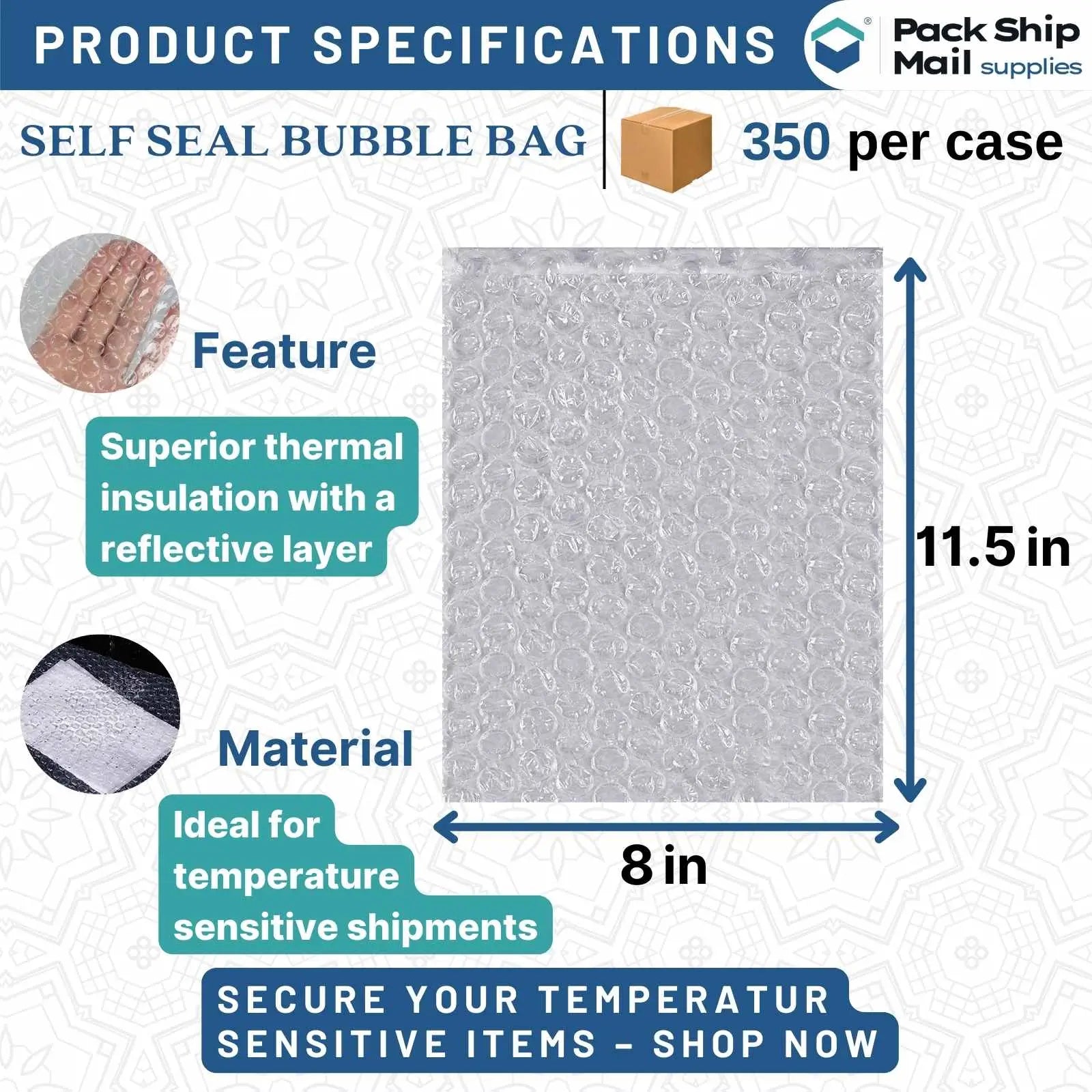 350 self-seal bubble bags, measuring 8 inches by 11.5 inches, neatly packed in a case.