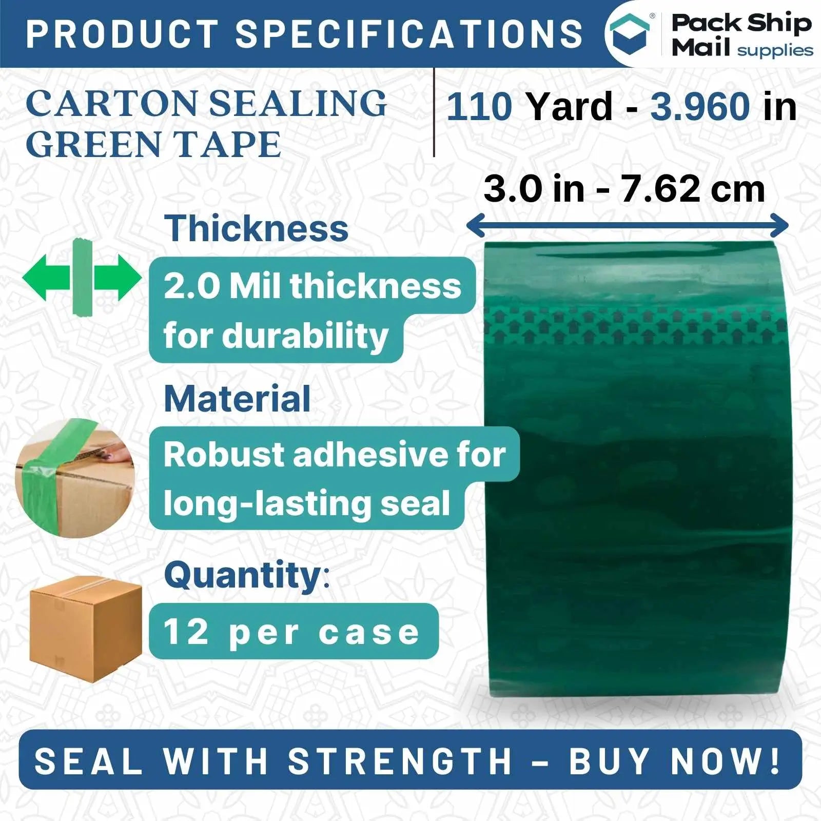 Carton Sealing Packing Tape - 3" x 110 Yards, 2 MIL Green, 12 Rolls/Case