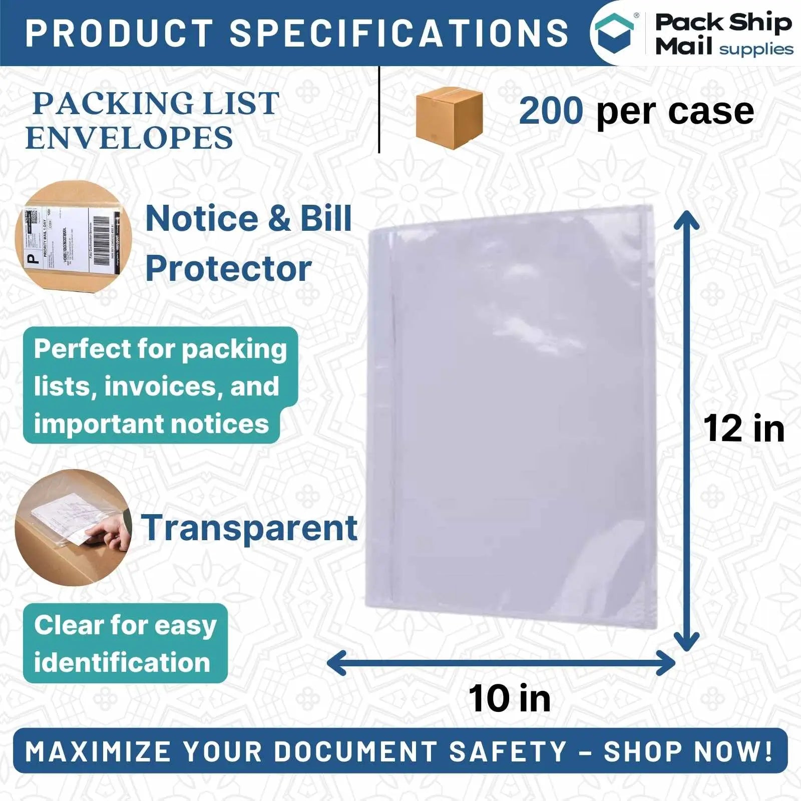 Display of "10 x 12 Clear Packing List Envelopes," showcasing a case of 200 transparent, self-adhesive envelopes designed for efficient document protection and easy surface attachment.