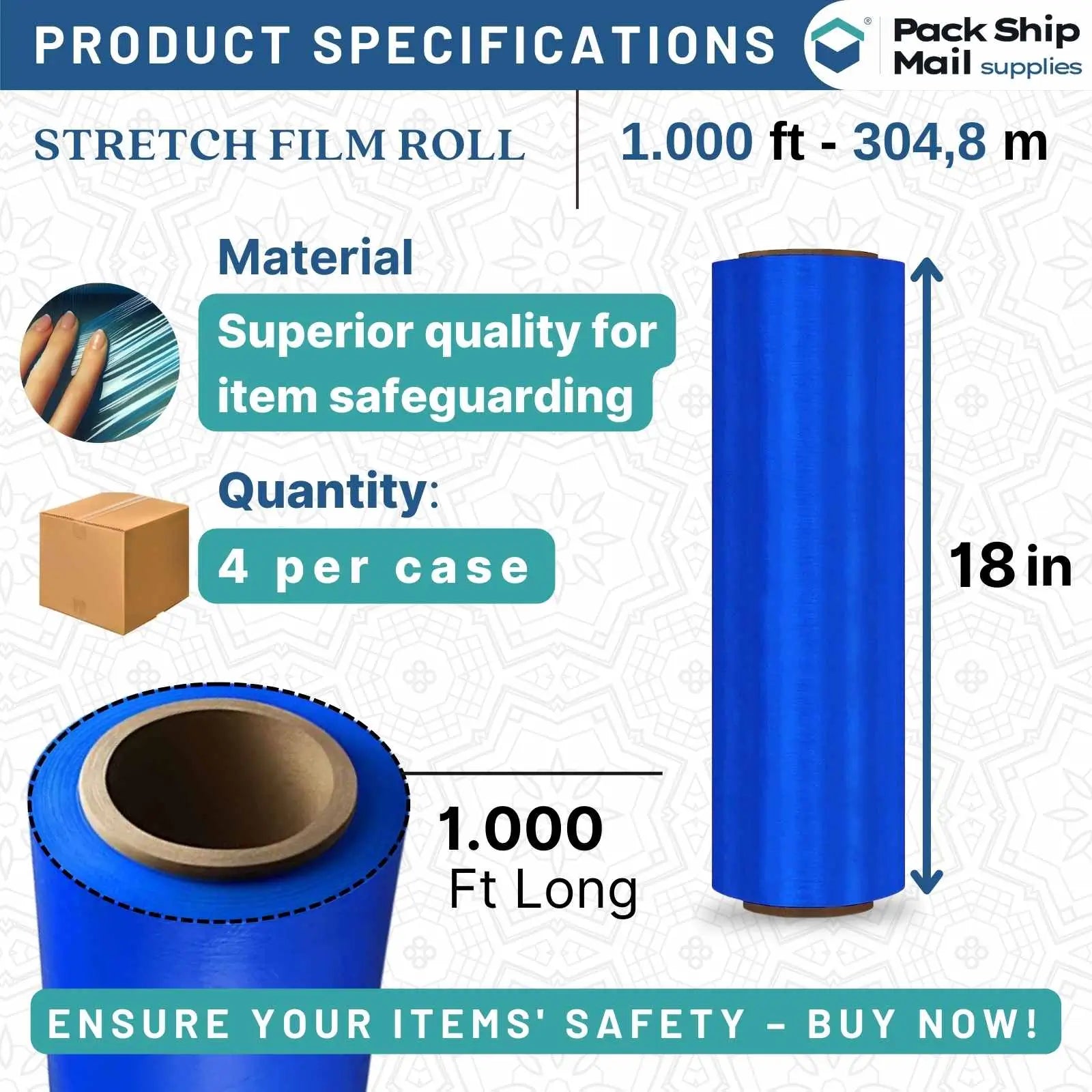 Four rolls of 18-inch by 1000-feet 85 gauge blown stretch blue film, neatly packaged in a case.