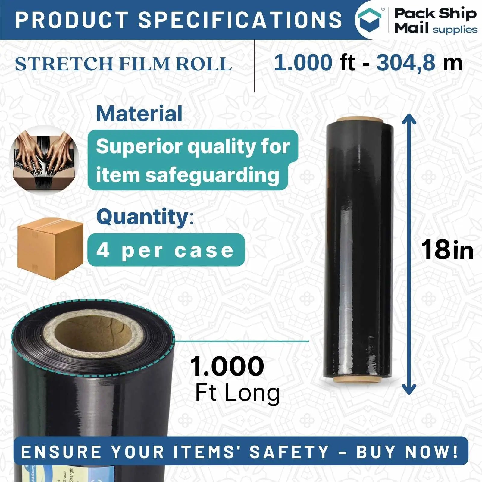 Four rolls of 18-inch by 1000-feet 85 gauge blown stretch black film, neatly packaged in a case.