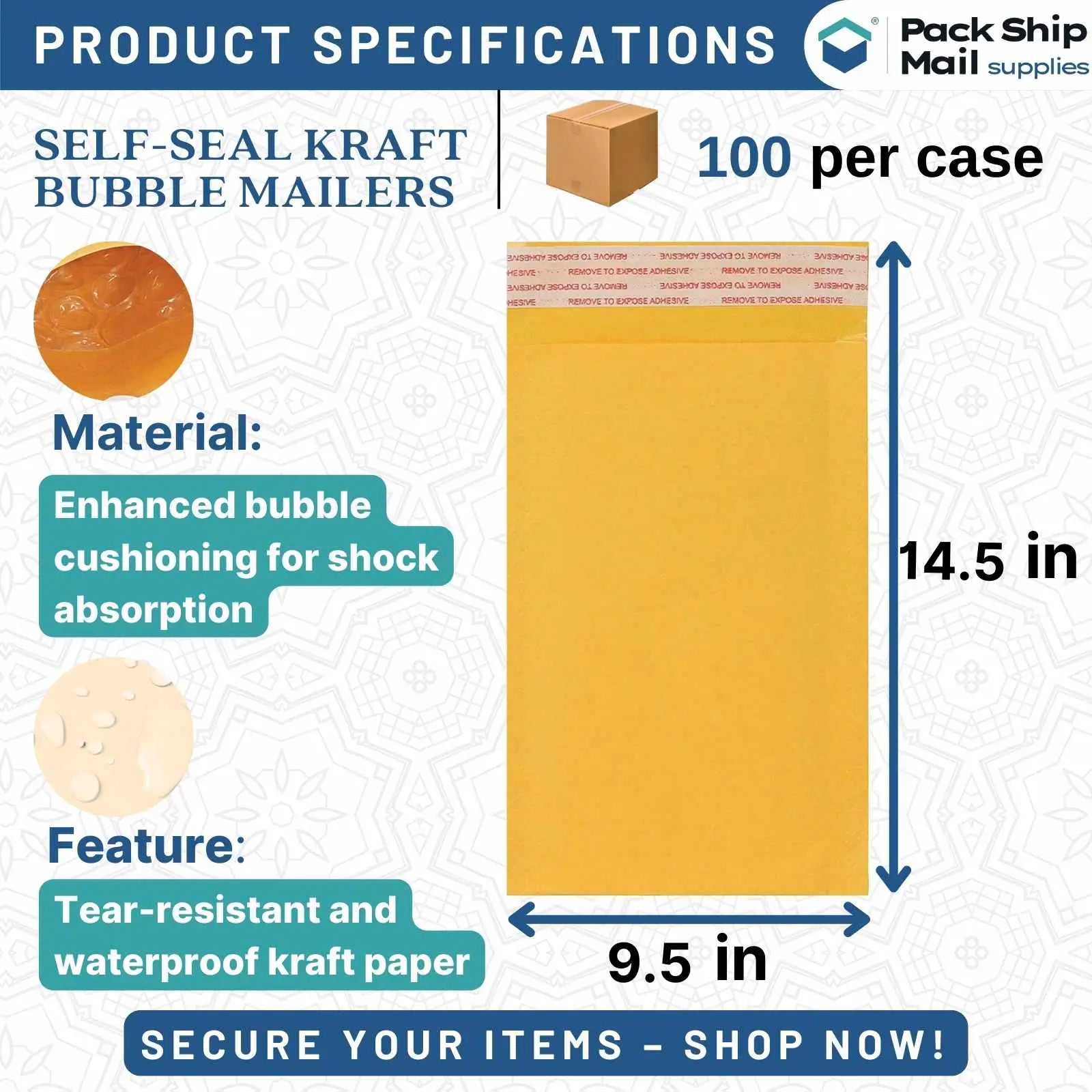 100 self-seal Kraft bubble mailers, size 9.5" x 14.5", in case. Ideal for secure shipping and protection.