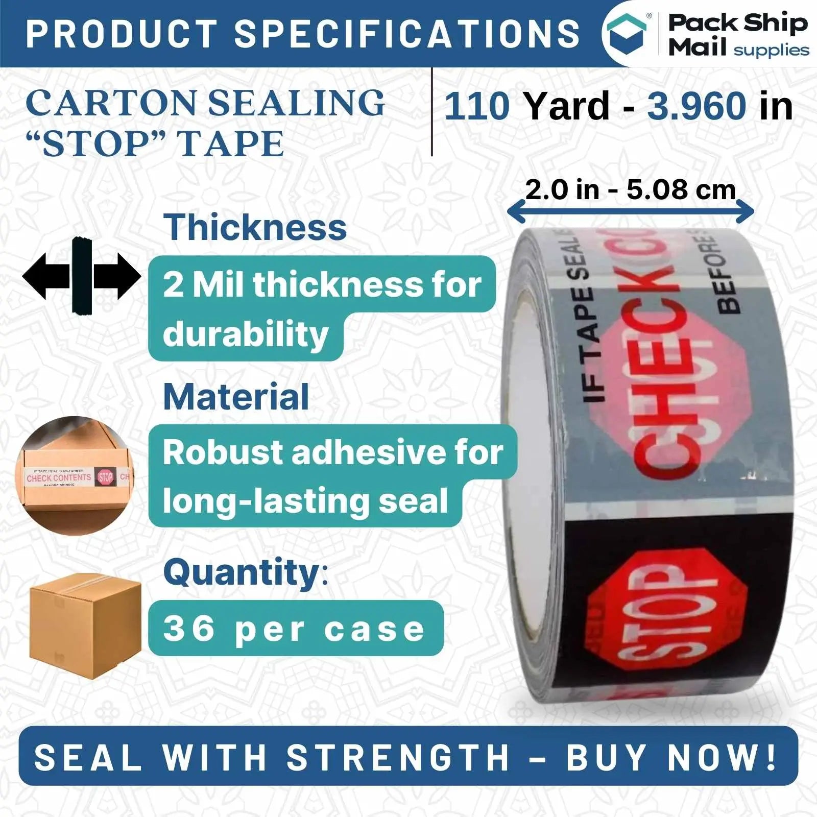 36 rolls of 2-inch by 110 yards 'STOP' carton sealing packing tape, 2 mil thick, in black, red, and white colors, stacked in a case.
