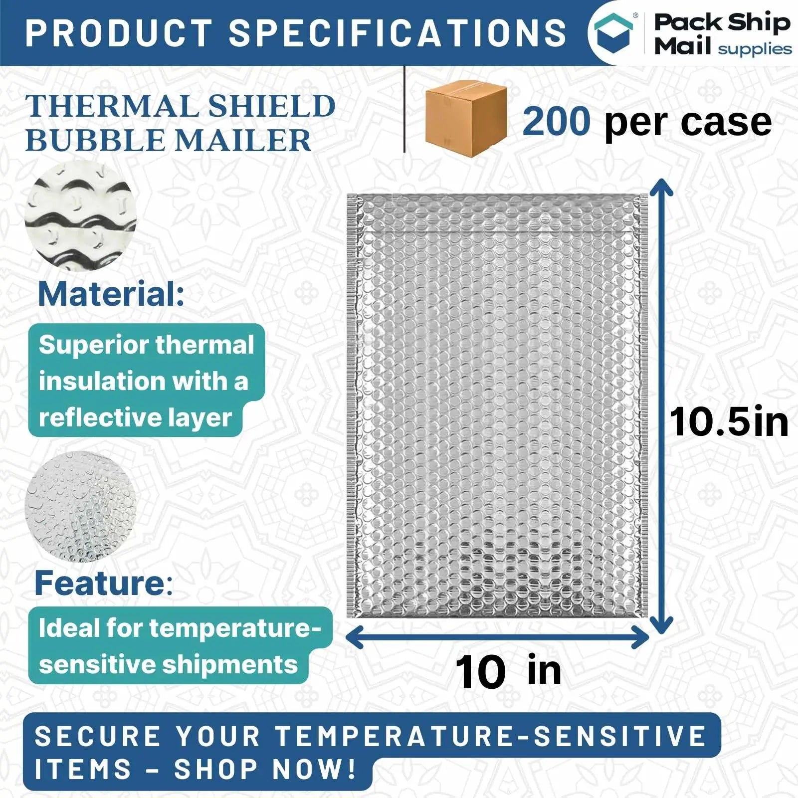 10 x 10.5 Thermal Shield Bubble Mailers, 200-case, showcasing their large size and robust insulation for enhanced shipping protection.