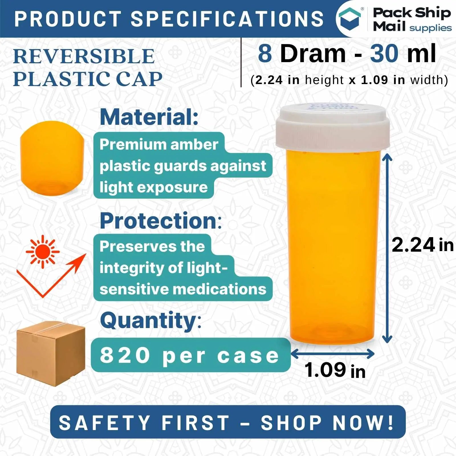 Set of 8 Dram Amber Reversible Cap Vials, 820 per Case.