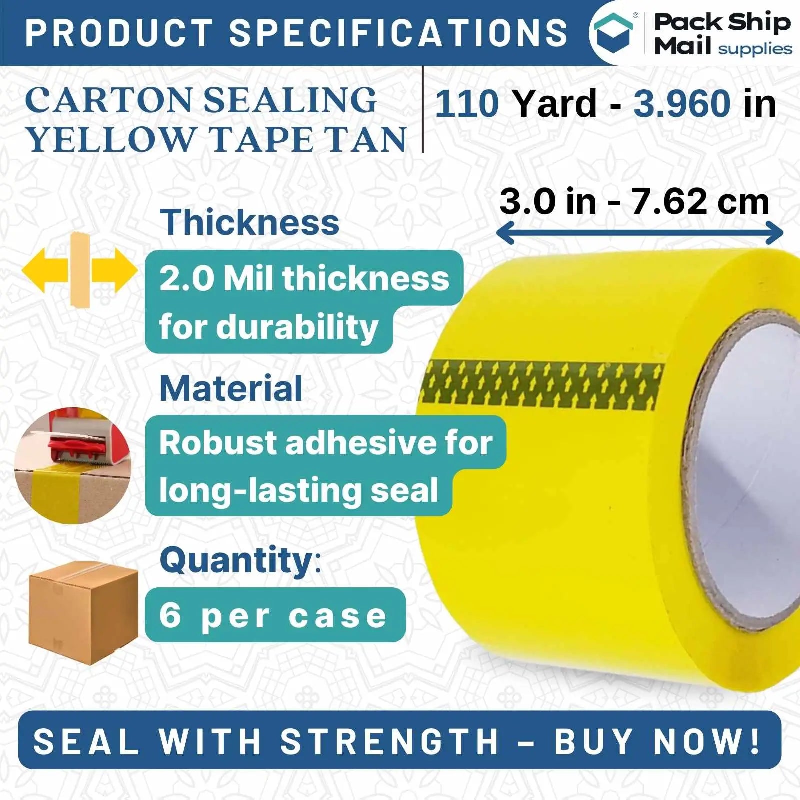 Product image: 3-inch by 110 yards Carton Sealing Packing Tape in Yellow, 2 MIL thickness. Sold in a case of 6 rolls.