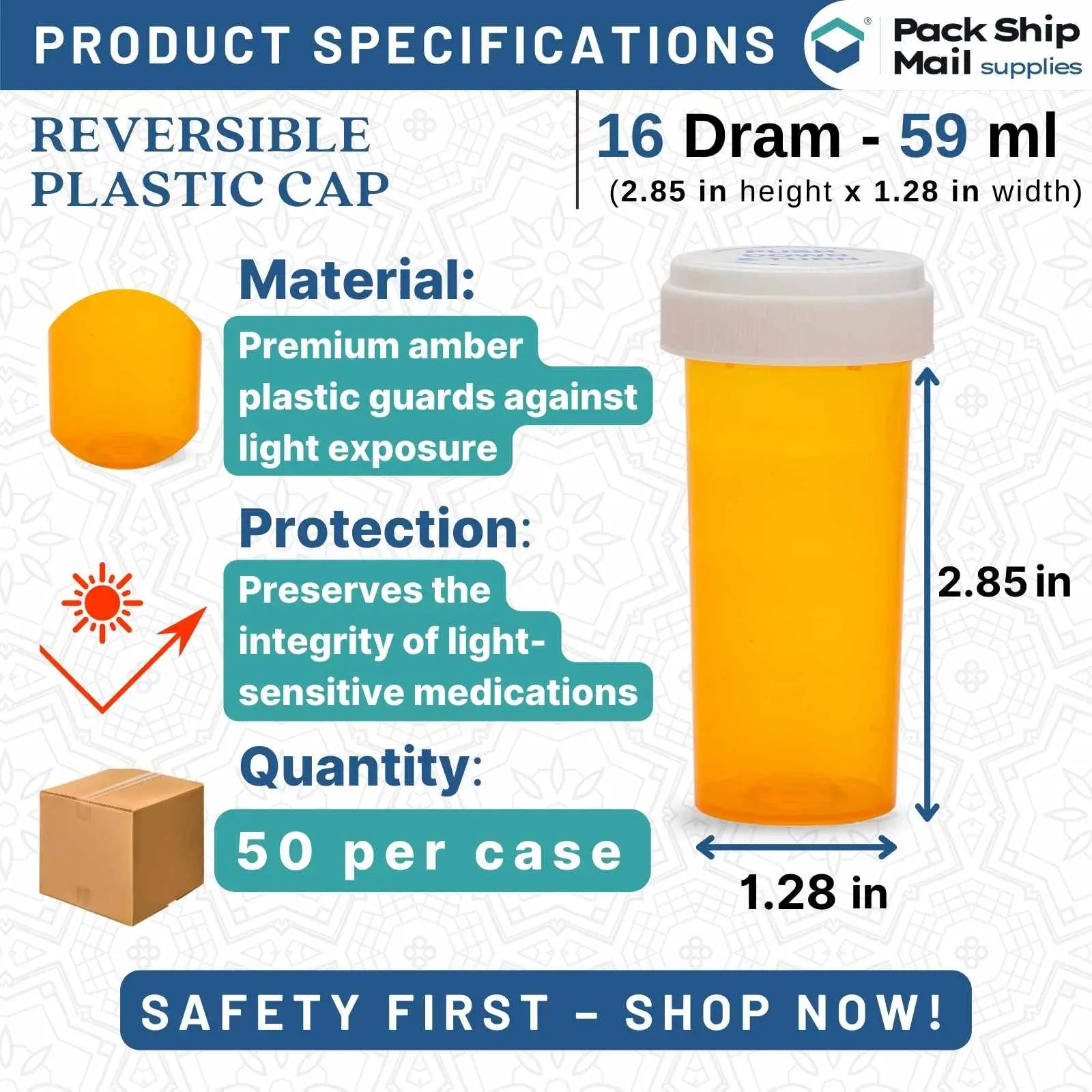 The image showcases a case containing 16 dramatic amber reversible cap vials, each containing 50 units.