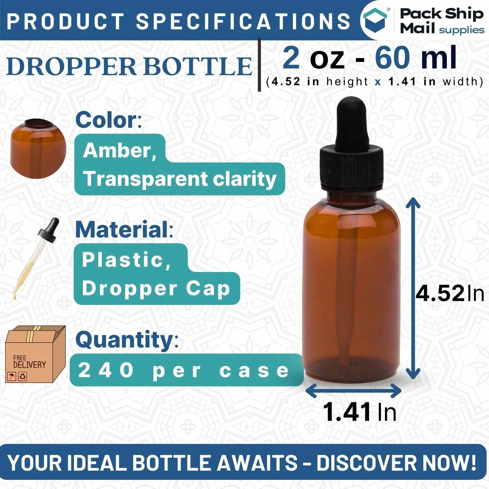 The image showcases a case containing 240 amber dropper bottles, each with a 2 oz capacity.