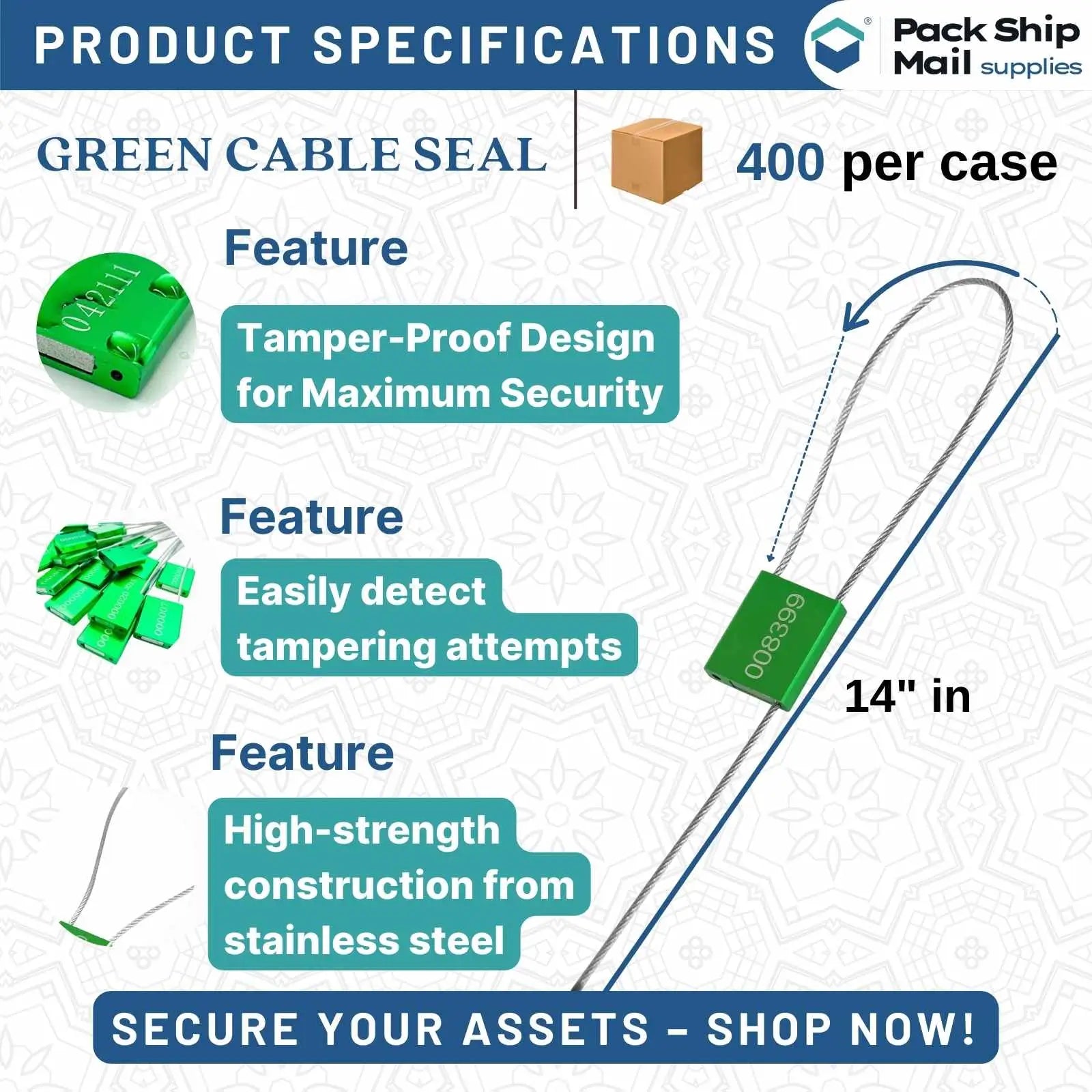 Green Cable Seal 14" & 2 MM, 400 Per Case, highlighting their strong, tamper-proof design for secure asset protection.