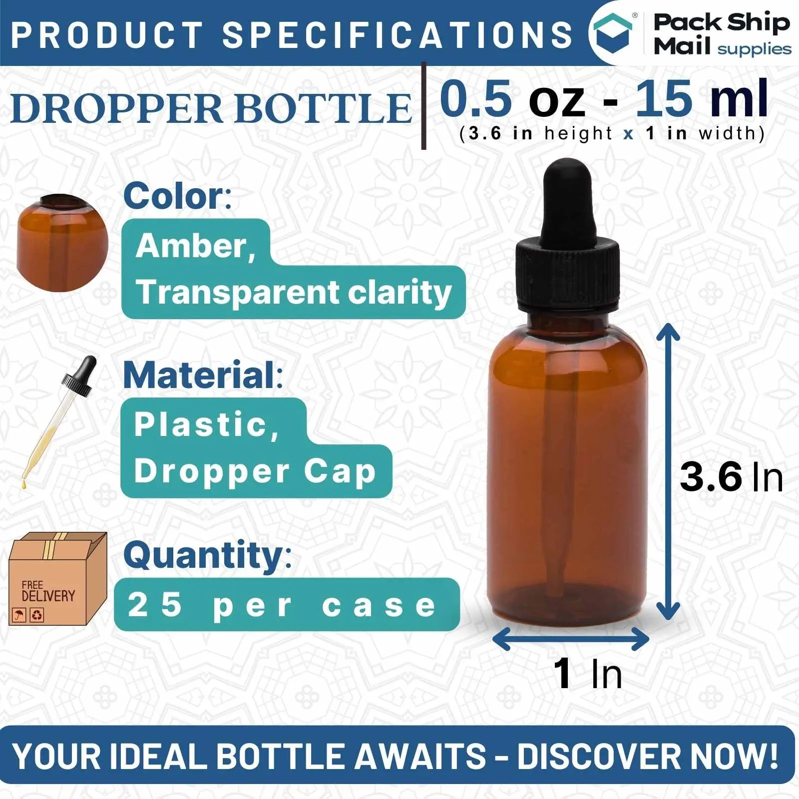 The image showcases a case containing 25 amber dropper bottles, each with a capacity of 0.5 oz. Perfect for your liquid storage needs.