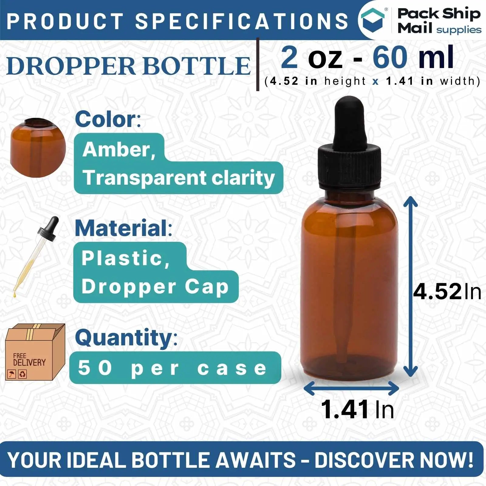 The image shows a case containing 50 amber dropper bottles, each with a 2 oz capacity.