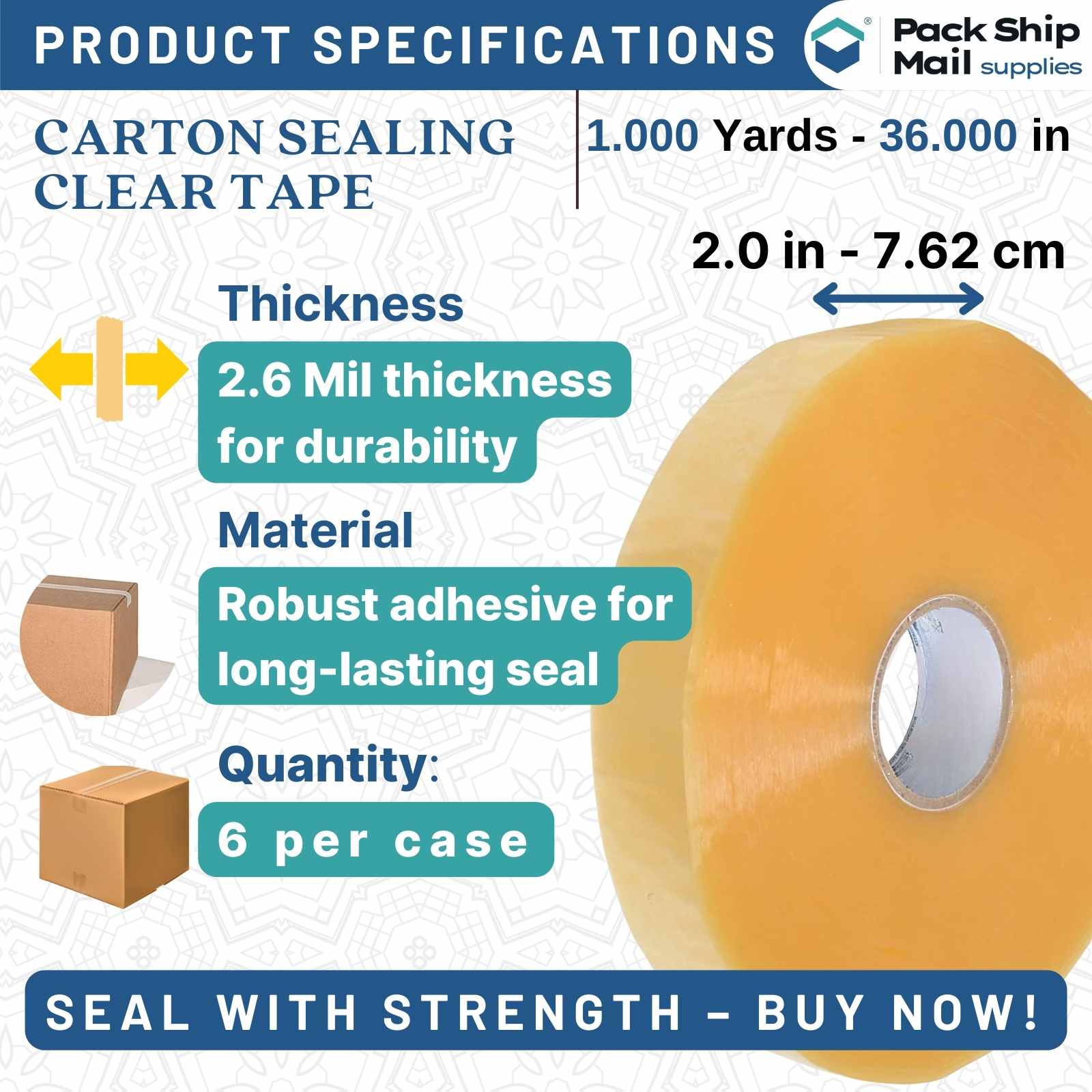 Six rolls of 2-inch by 1000-yard 2.6 MIL clear carton sealing packing tape, organized in a case.