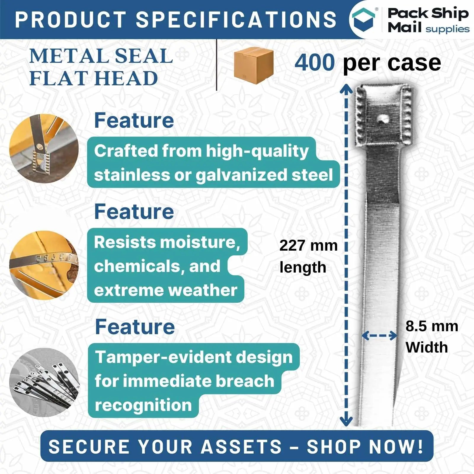 Product: Metal Seal Flat Head Screws - 227 MM Length - 400 Screws Per Case
