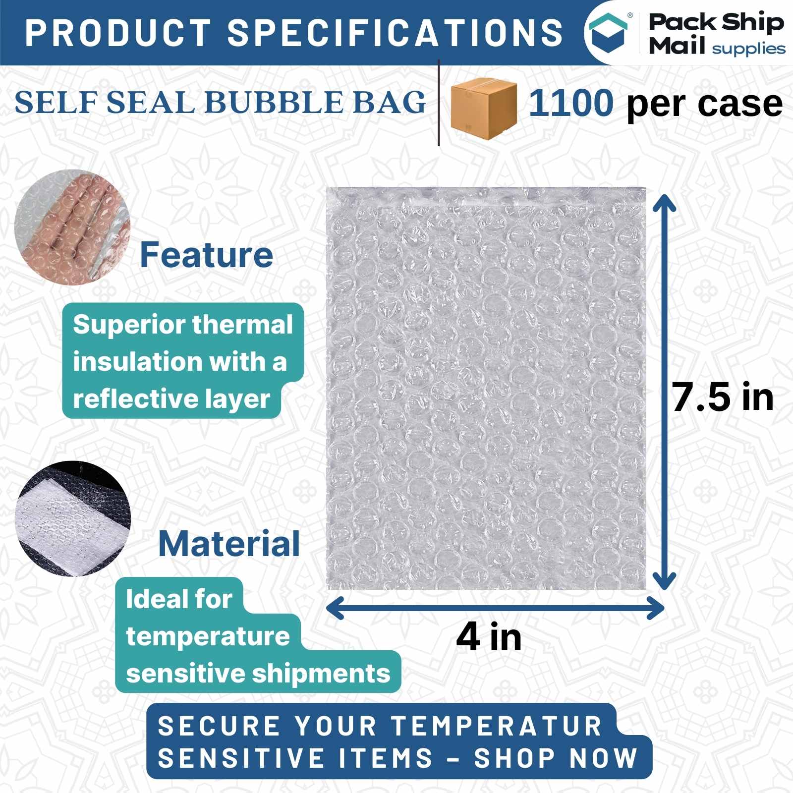 Images of 4 x 7.5-inch self-seal bubble bags, showcasing their durable design and secure sealing feature. Each bag ensures effective protection during shipping. Pack of 1100 per case.