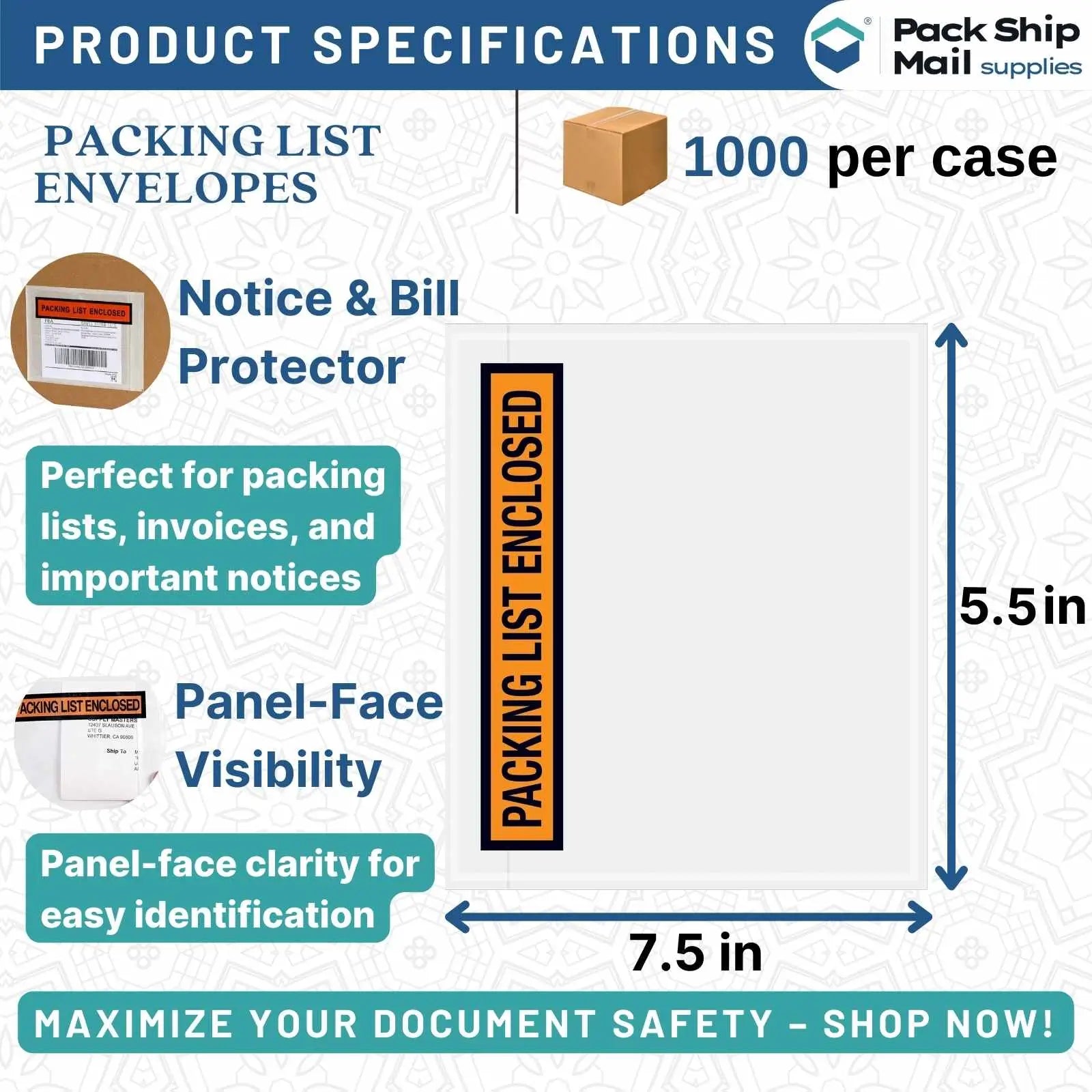 Case of 1000 packing list envelopes with a panel face, measuring 7.5 x 5.5 inches.